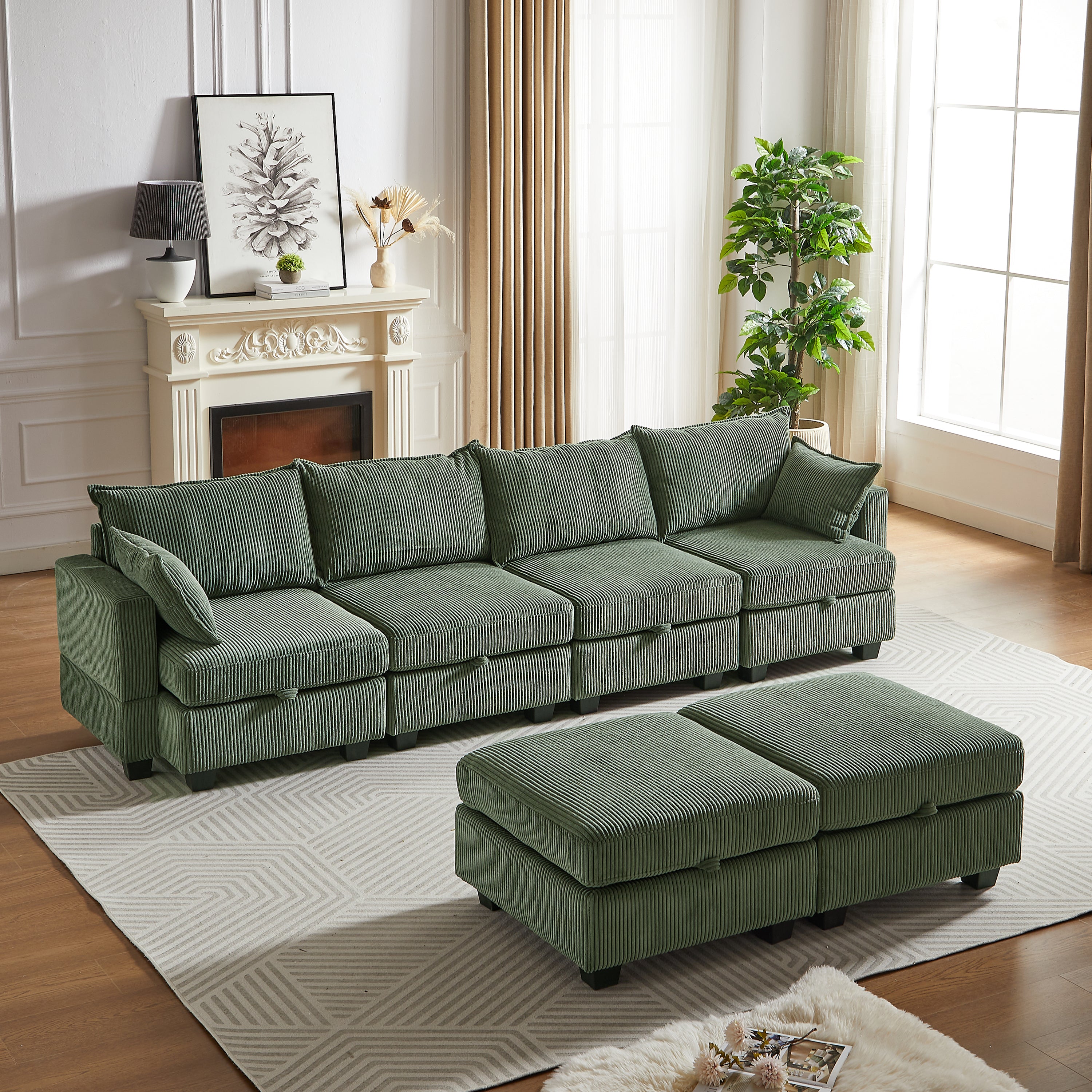 113.5" Modular Corduroy Sectional Sofa with Storage