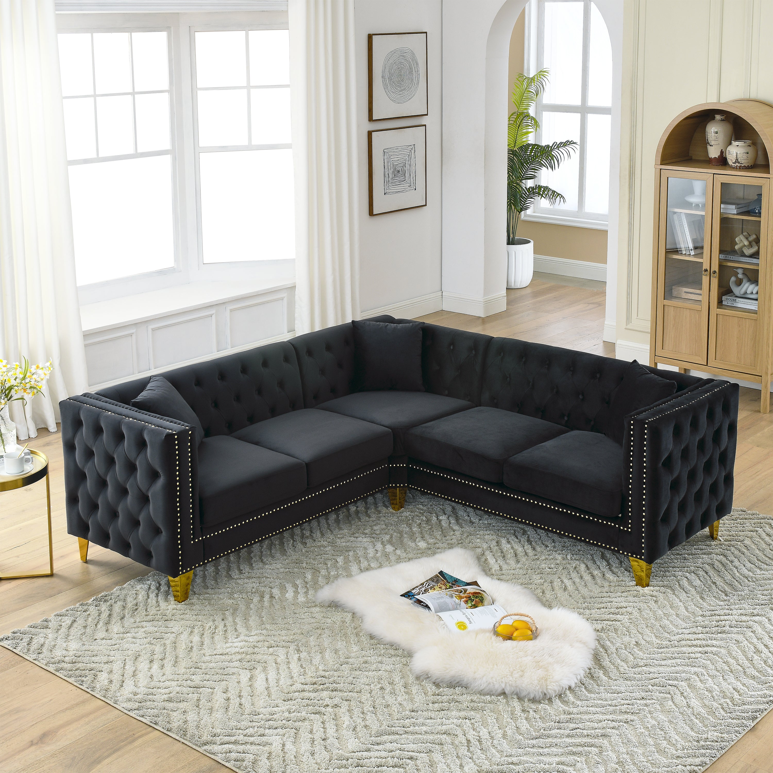 82" Velvet Corner Sofa, L-Shaped Sectional, 5-Seater