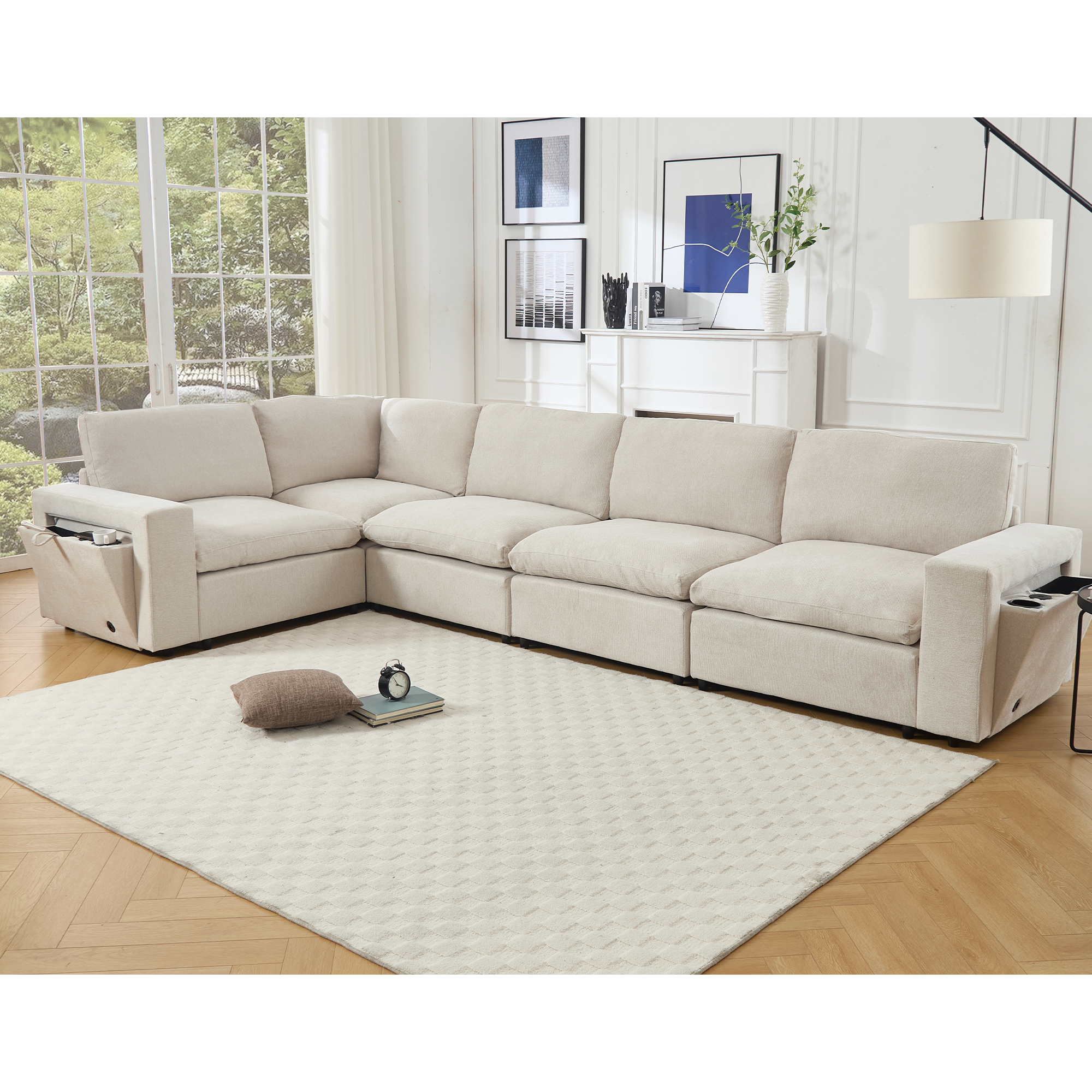 Beige Sectional Sofa: DIY, Wireless Charging, 5 Seats