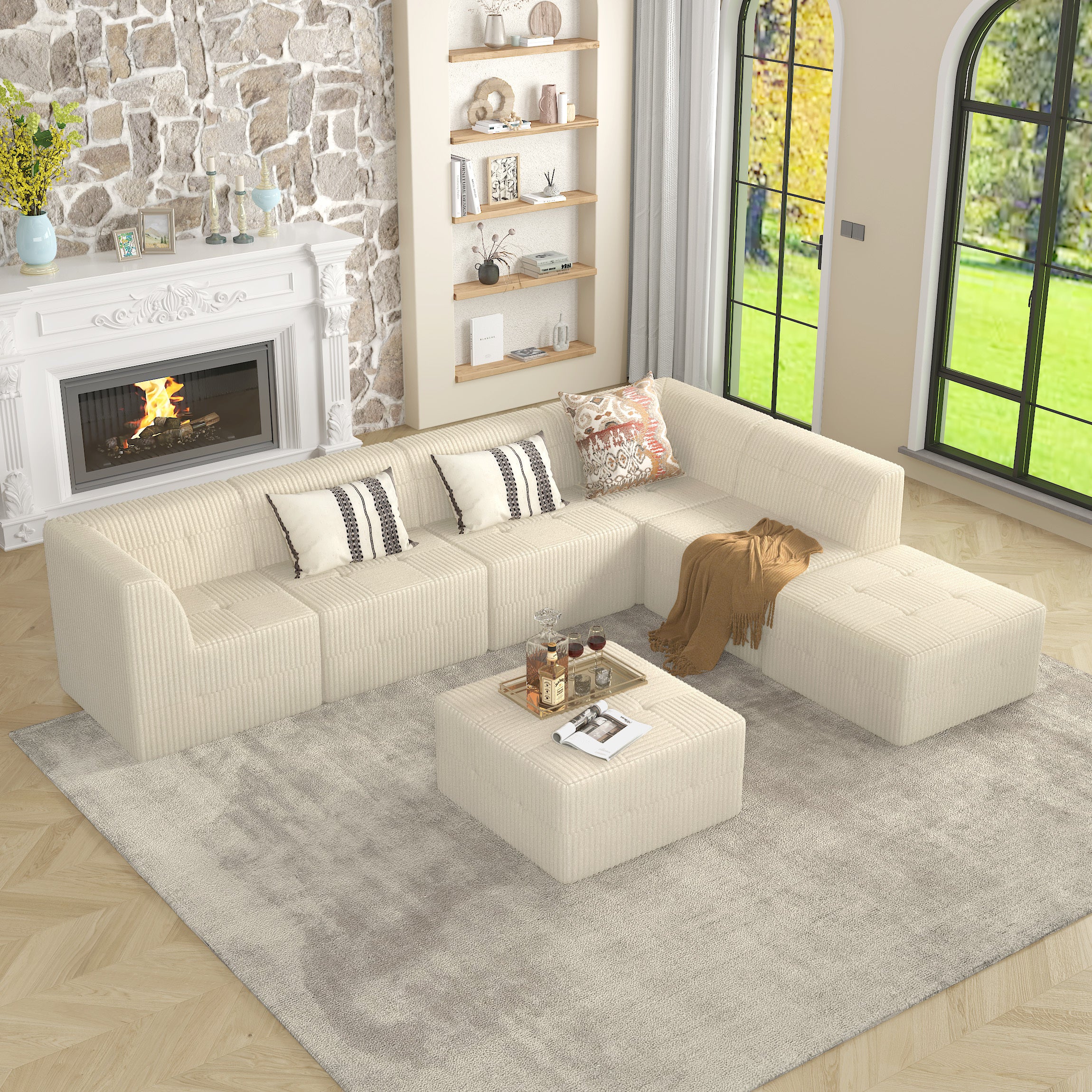 L-Shaped Modular Sectional Sofa: Beige Corduroy