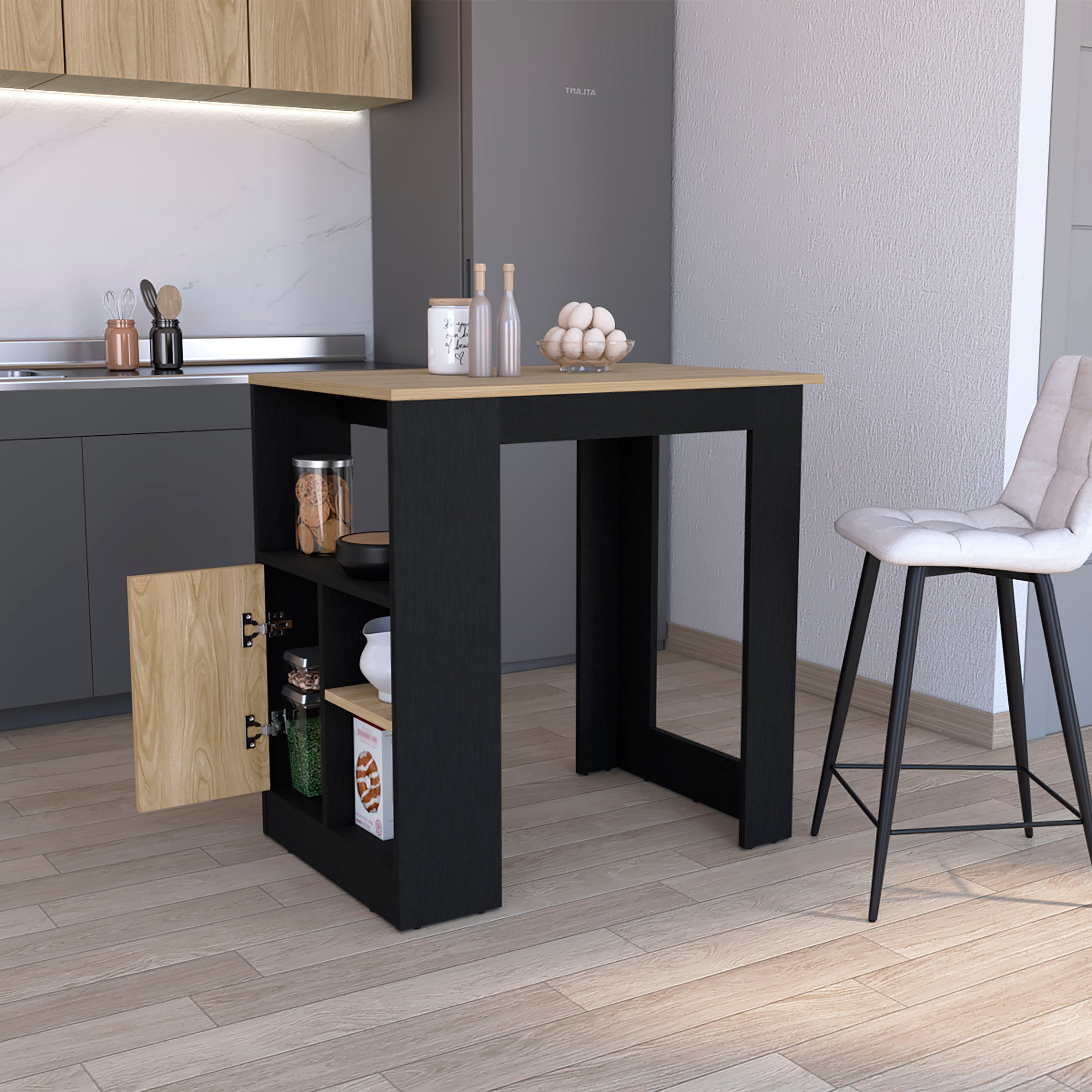 Stirling Kitchen Island: Black Oak, Push-Open