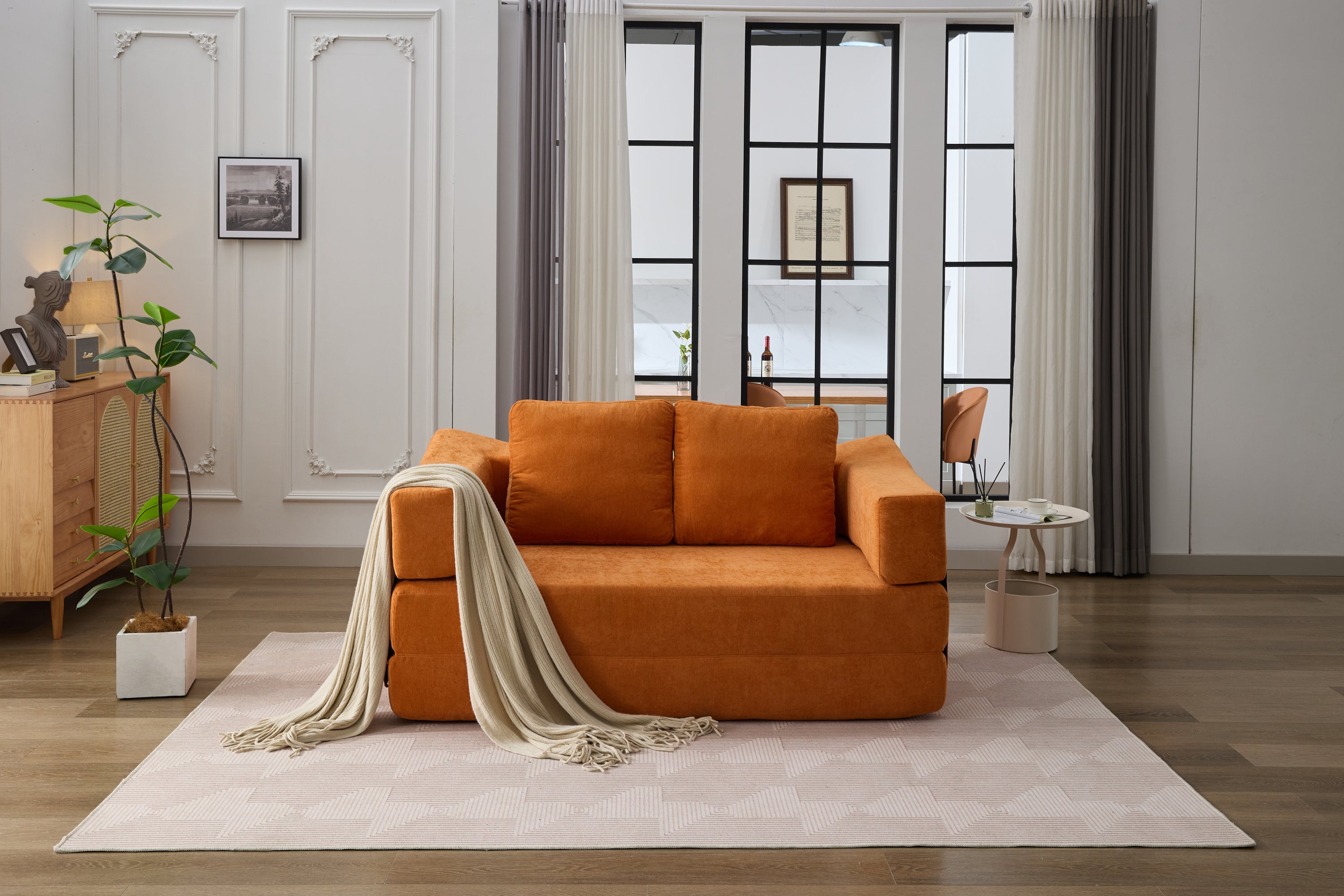 Orange Minimalist Sofa Bed: Fold-Out Couch
