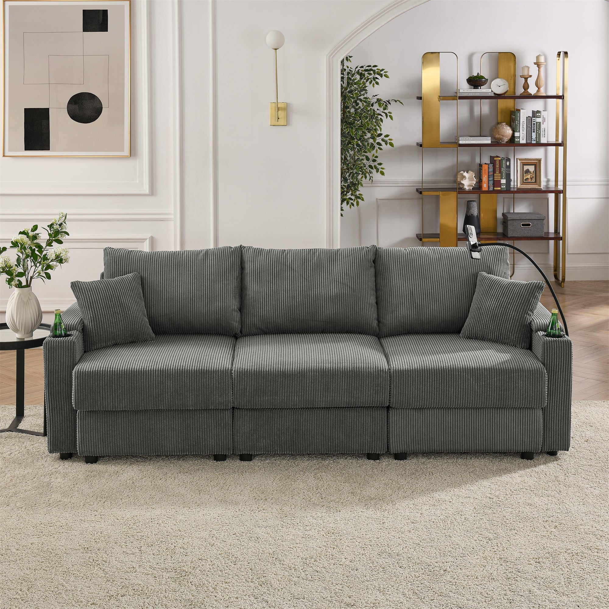 Beige Corduroy Sofa: 3-Seat with Storage & Holders