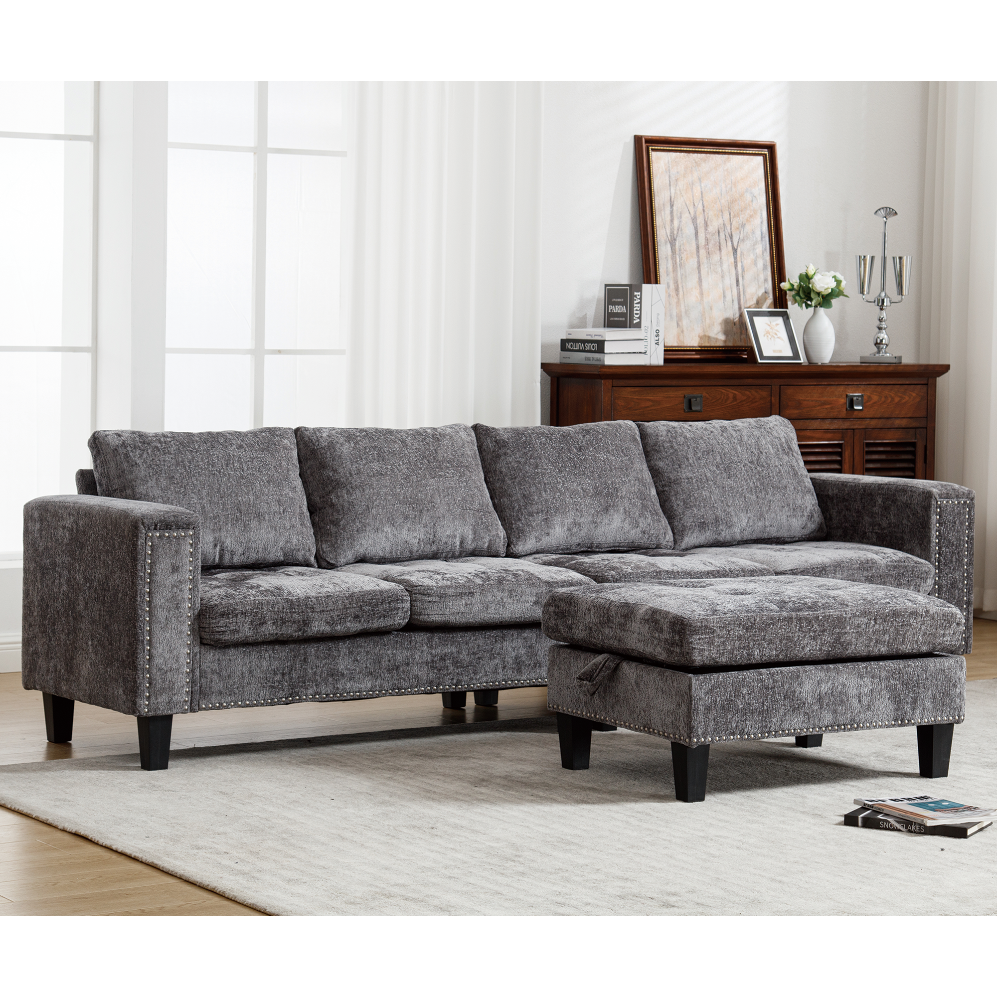 Gray 5-Seat Modular Sofa with Storage Ottoman