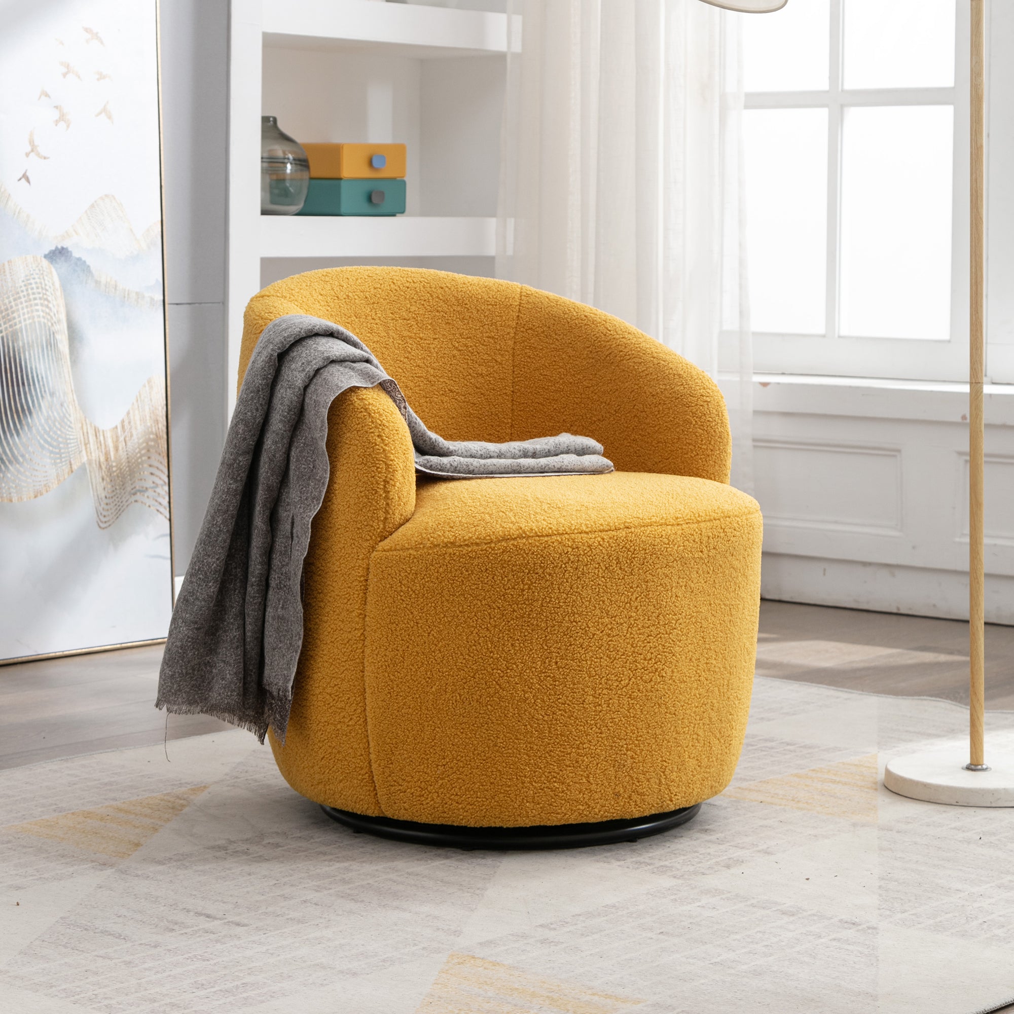 Swivel Accent Armchair, Yellow Teddy Fabric Barrel Chair