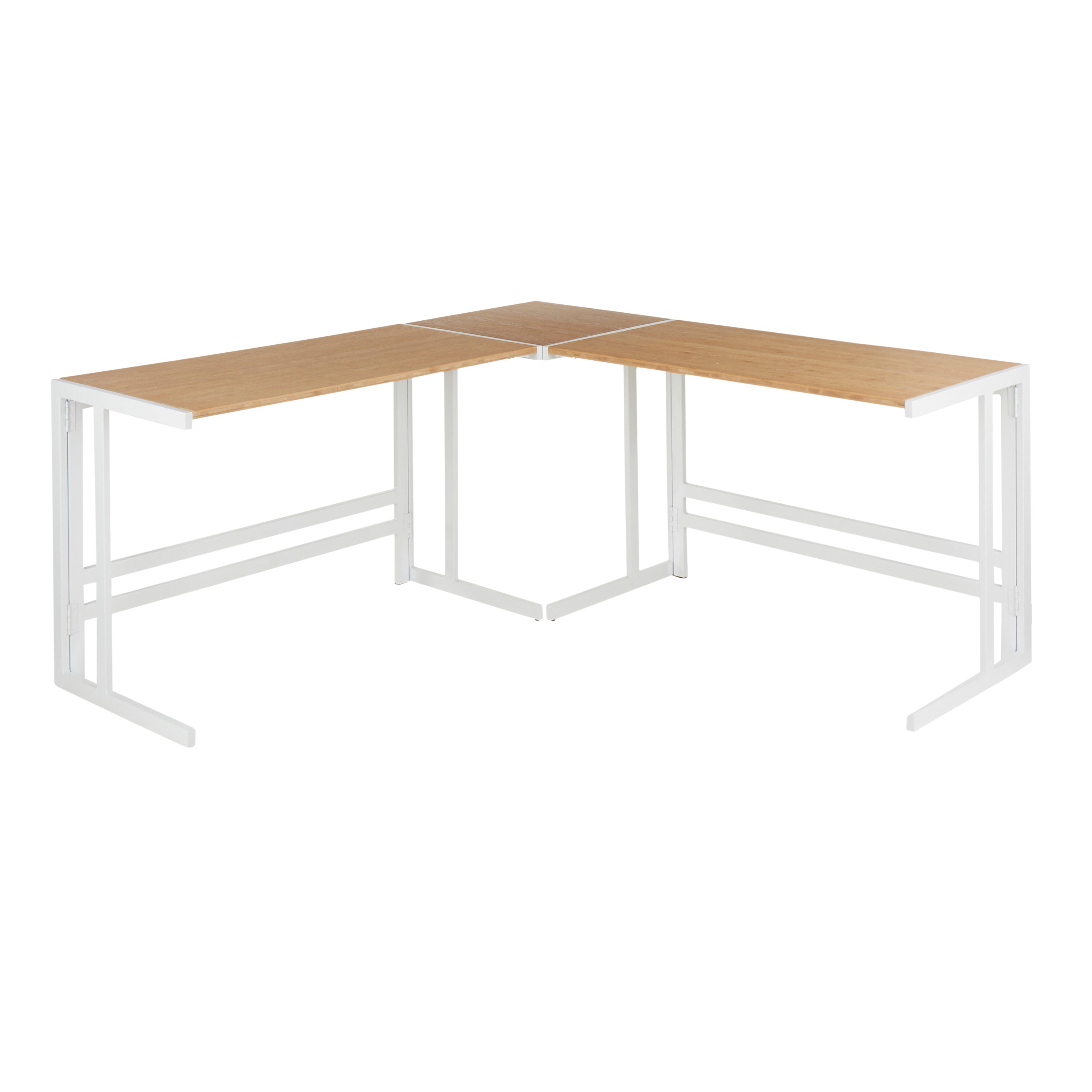 Roman L-Shaped Desk, White Metal/Bamboo