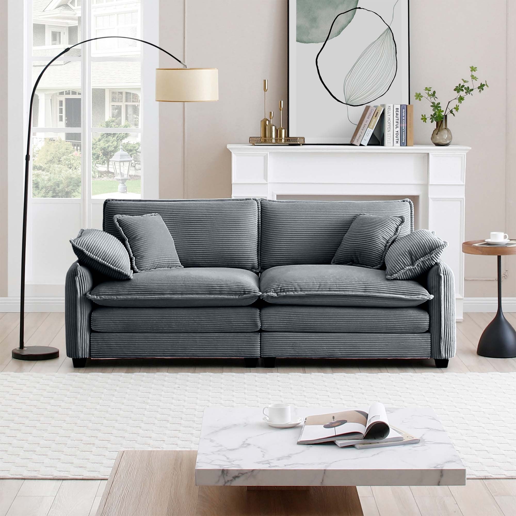 Cozy Grey Corduroy Sofa: Deep Seat & 4 Pillows
