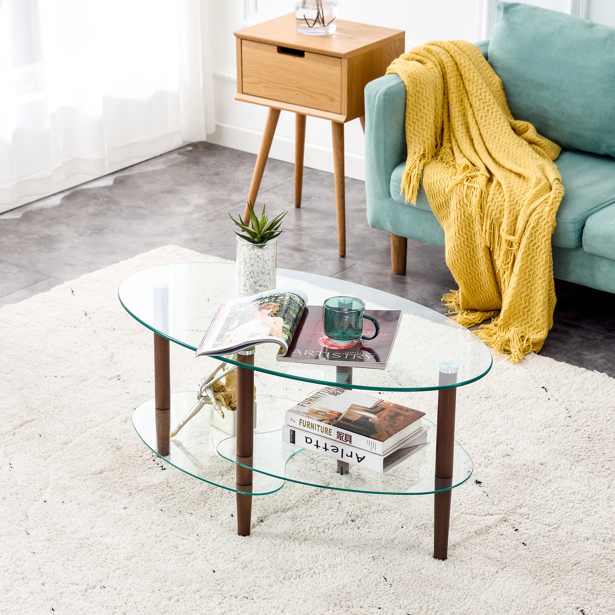 Modern Oval Glass Coffee Table with Oak Legs