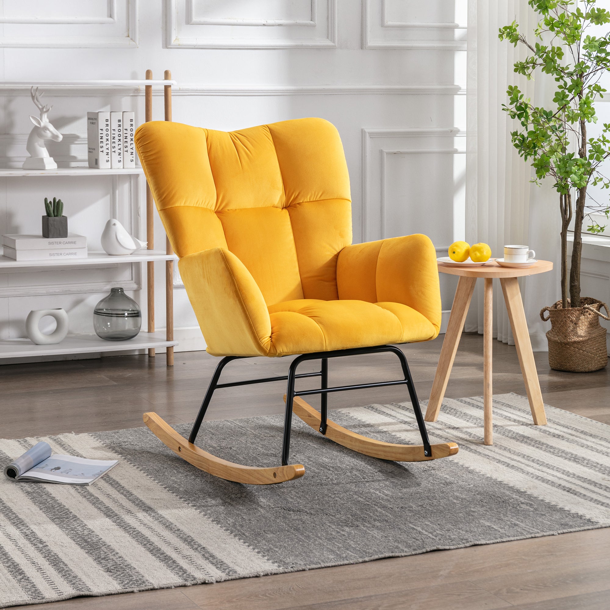 Mid-Century Modern Velvet Rocking Chair, Yellow