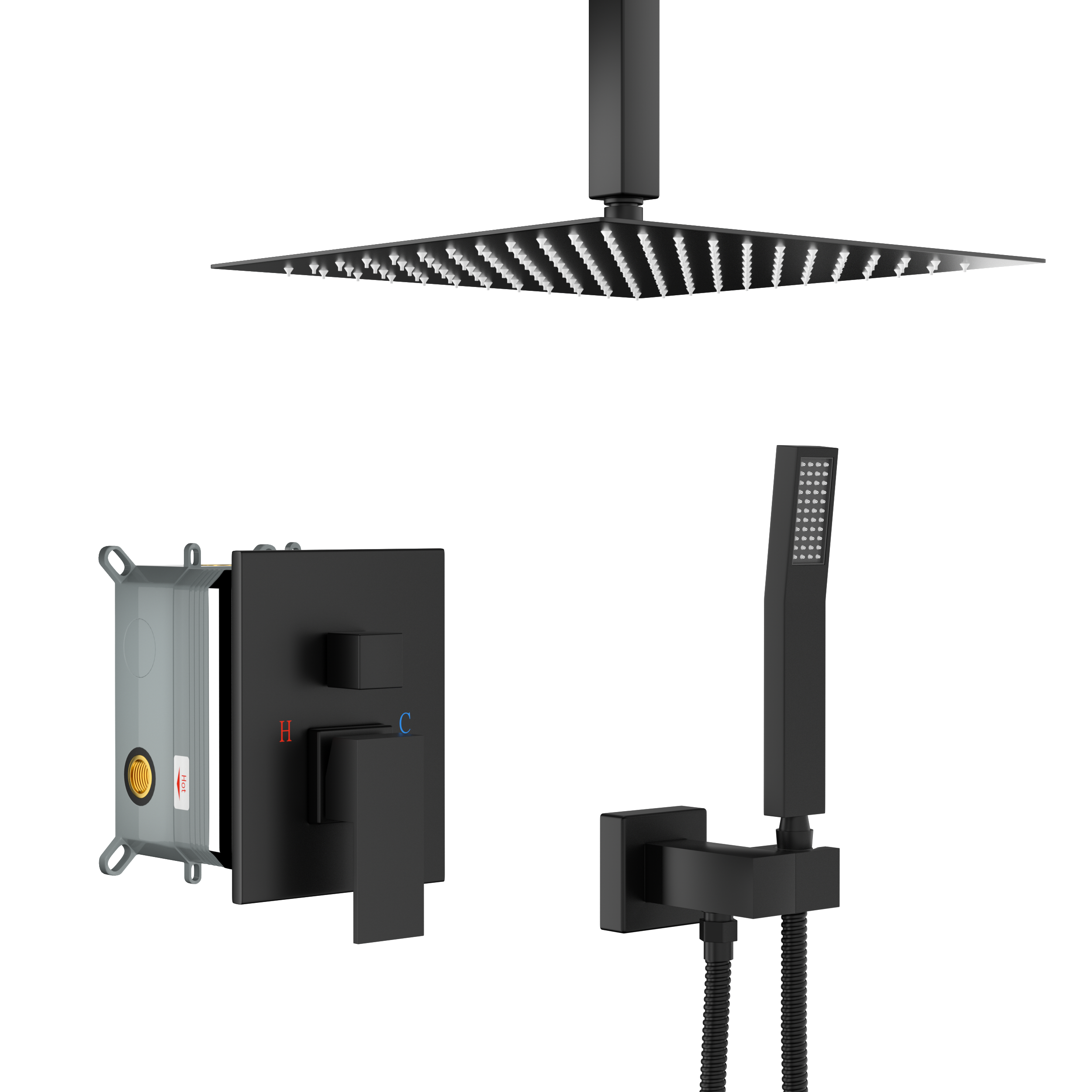 Matte Black Dual Shower Head Ceiling Mount System