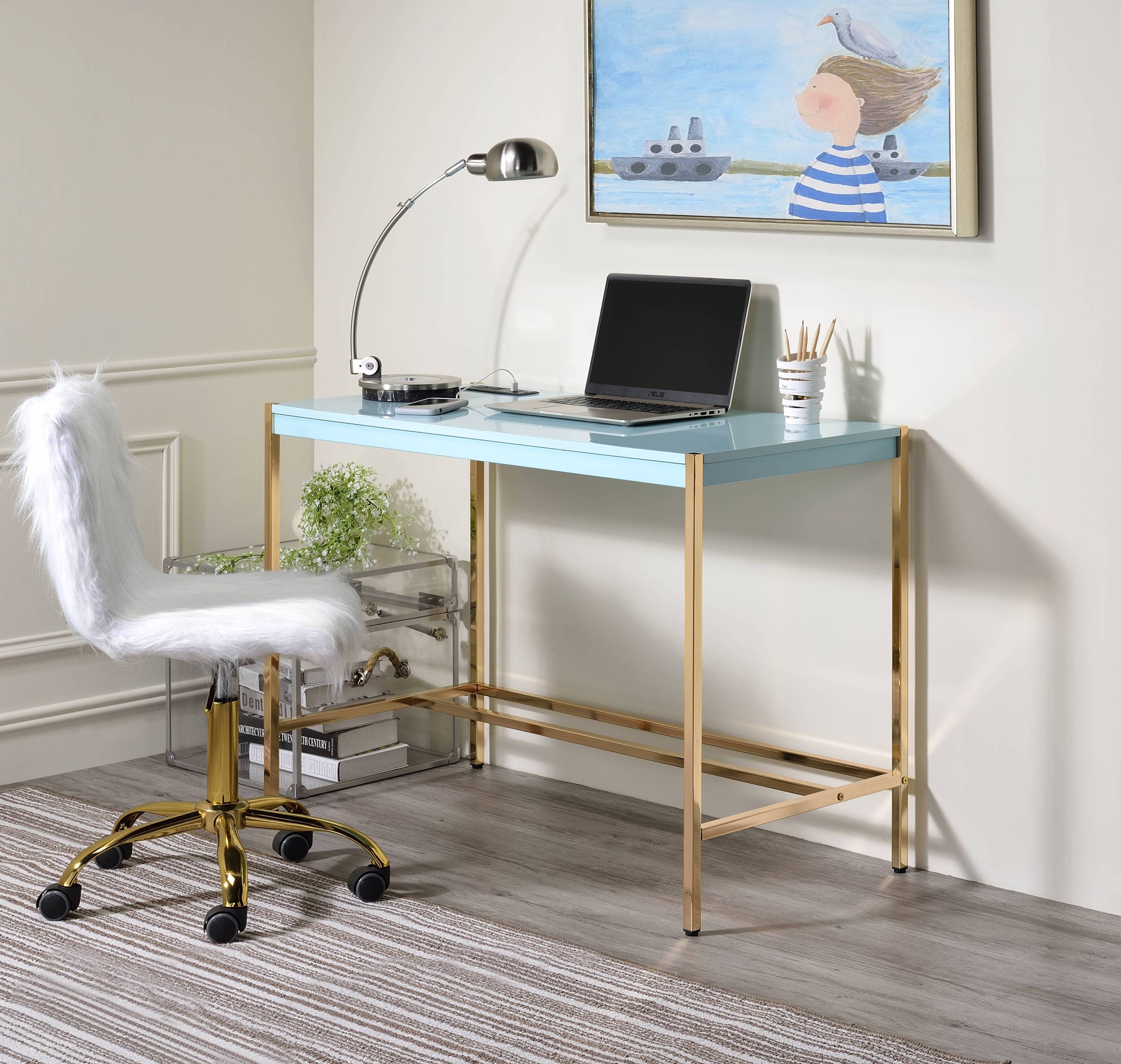 Midriaks Baby Blue & Gold Writing Desk w/USB