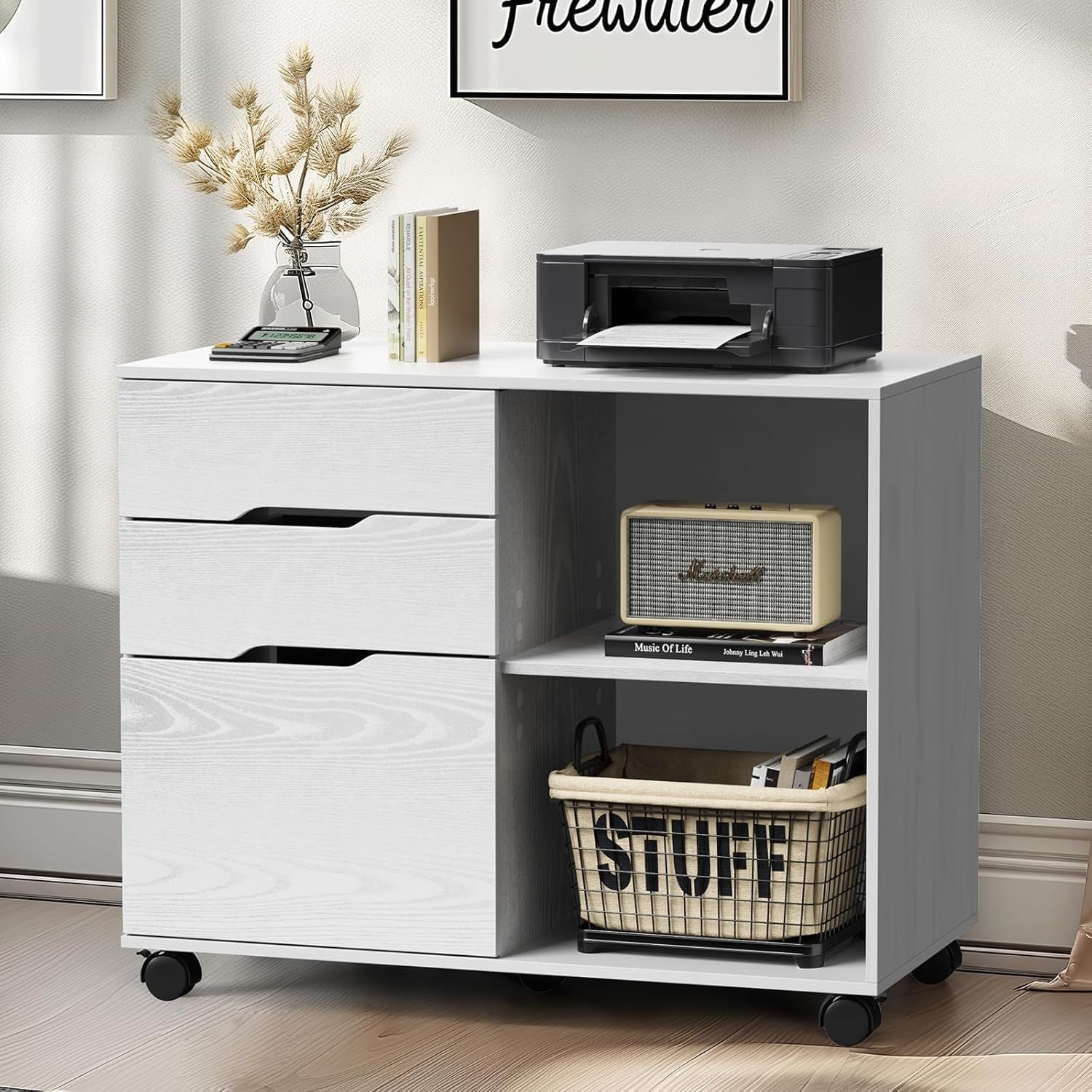 White Mobile File Cabinet: 3-Drawer Storage