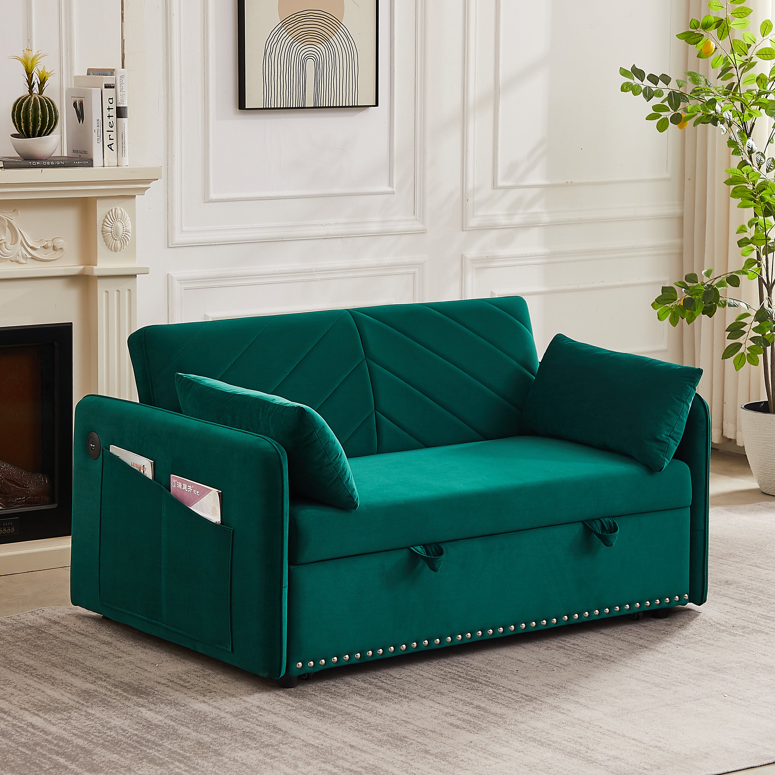Velvet Sleeper Sofa Bed w/ USB: 3-in-1