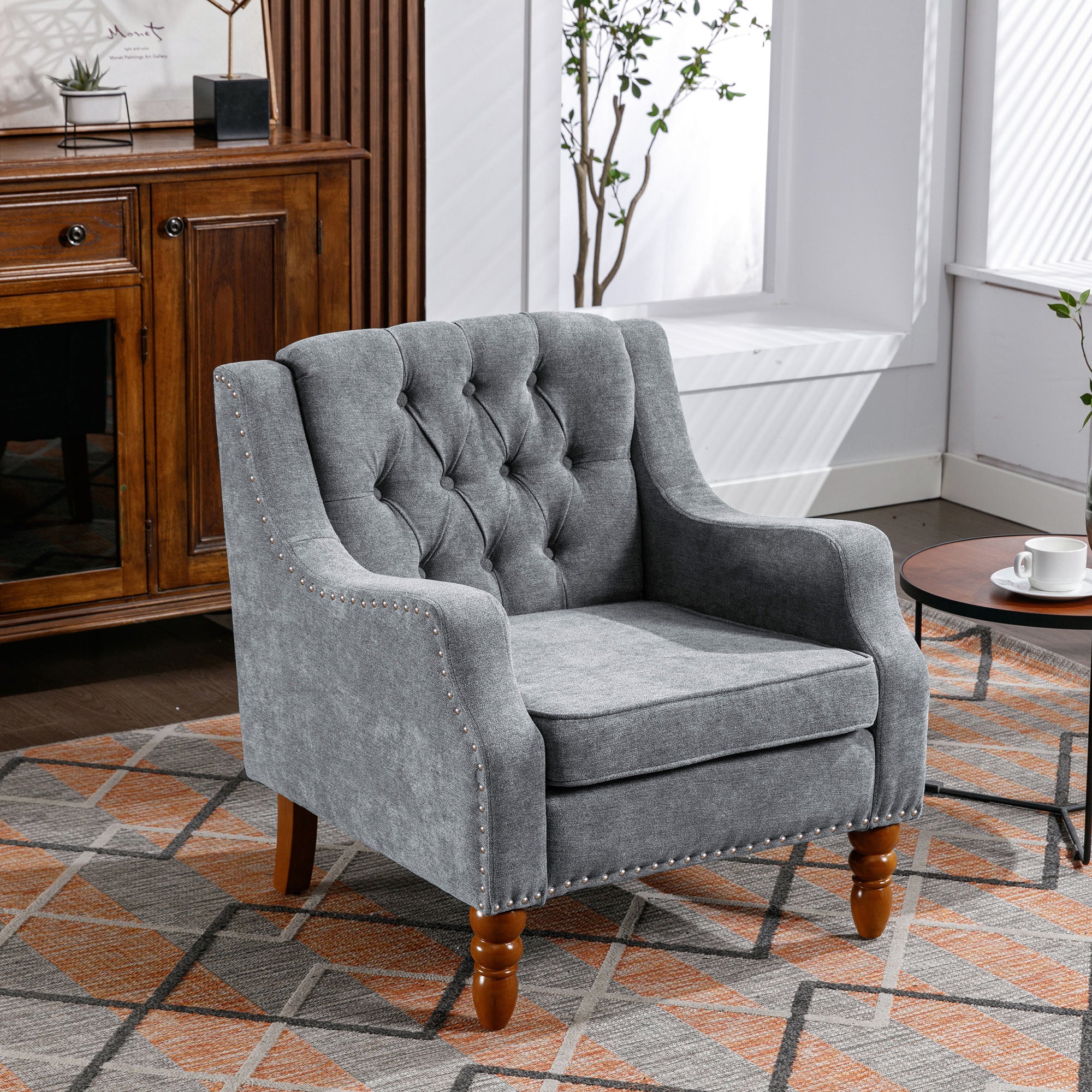 Grey Accent Chair Set w/ Footrest & Brass Studs