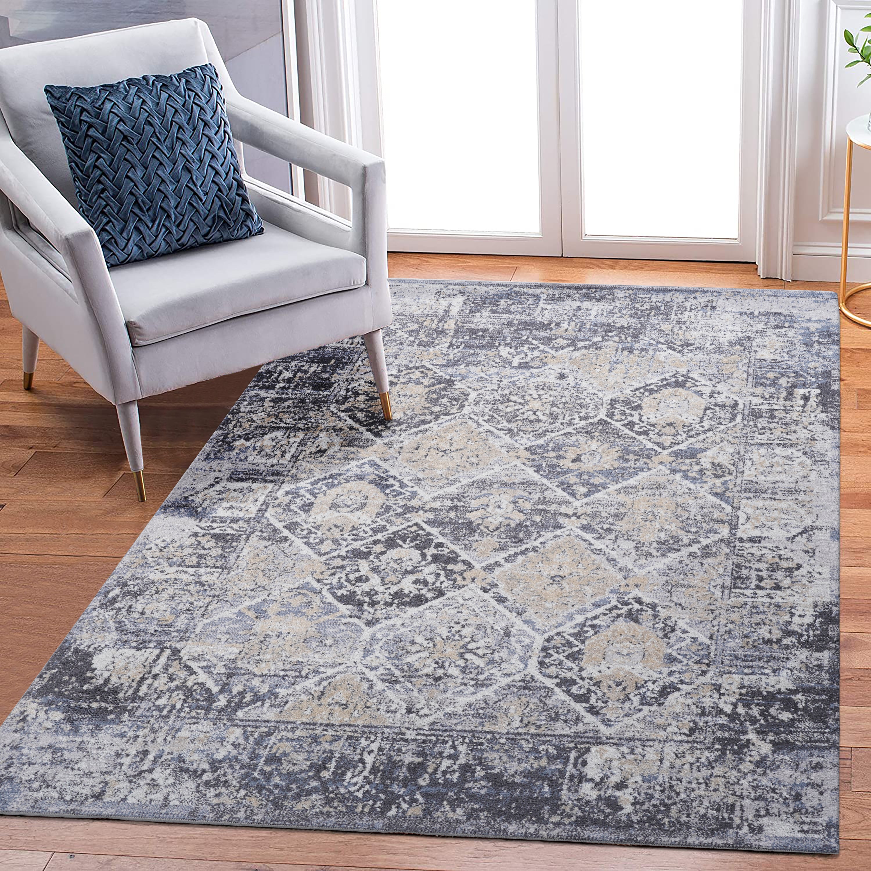 Grey/Blue Area Rug: 8x10 Stain-Resistant Rug