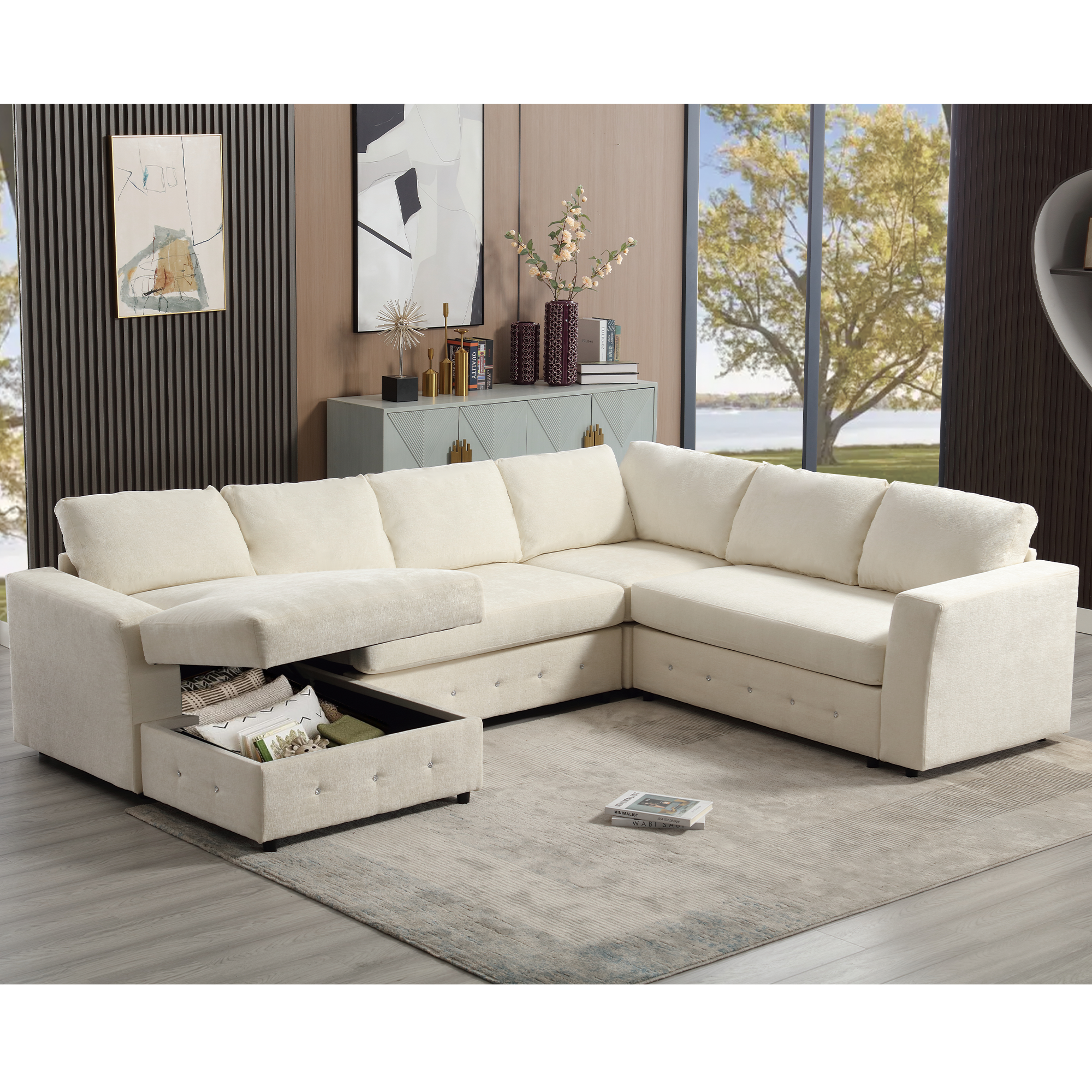 Beige Sectional Sofa: 110.75" Modern U-Shape