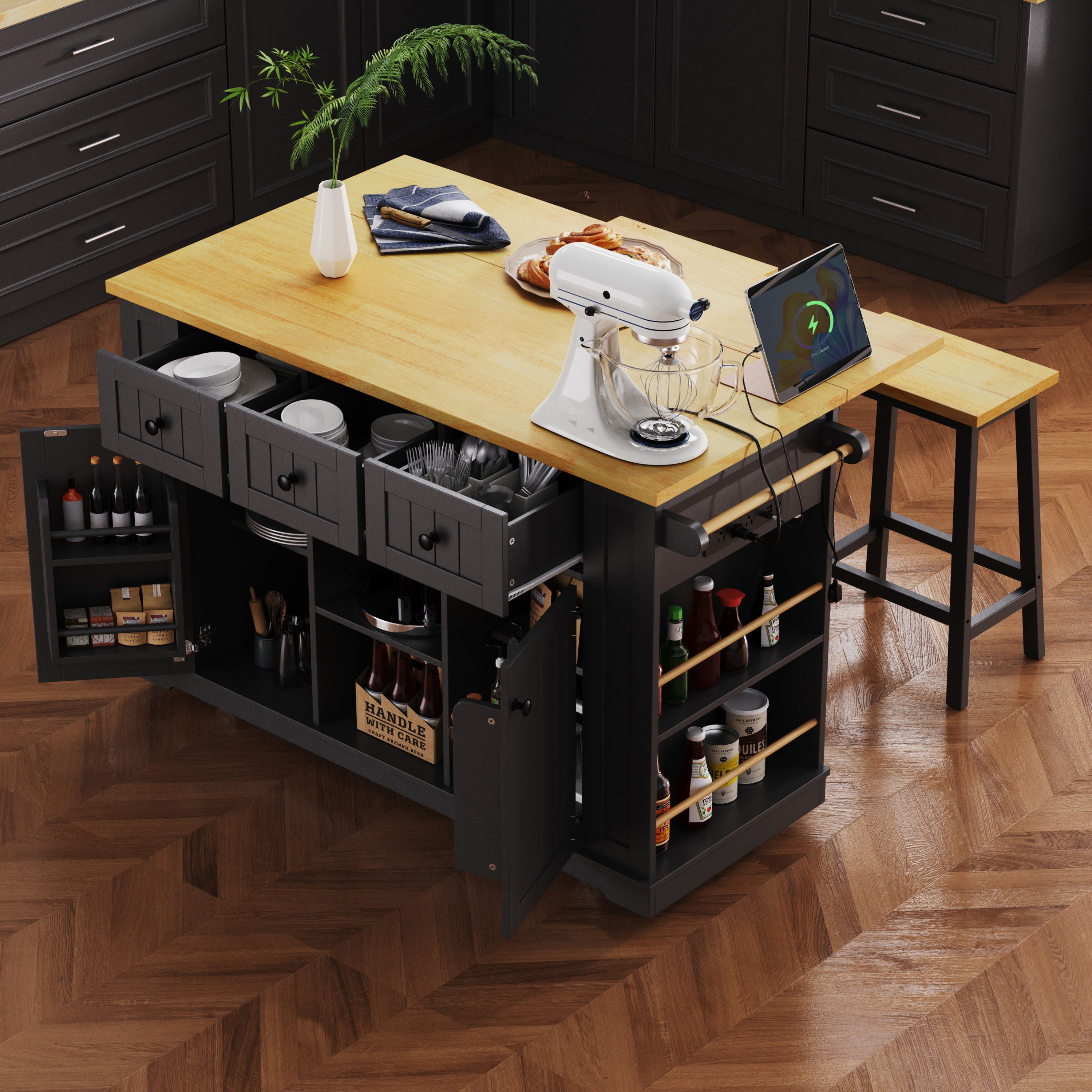 53" Kitchen Island w/ Drop Leaf & Power Outlet - Black