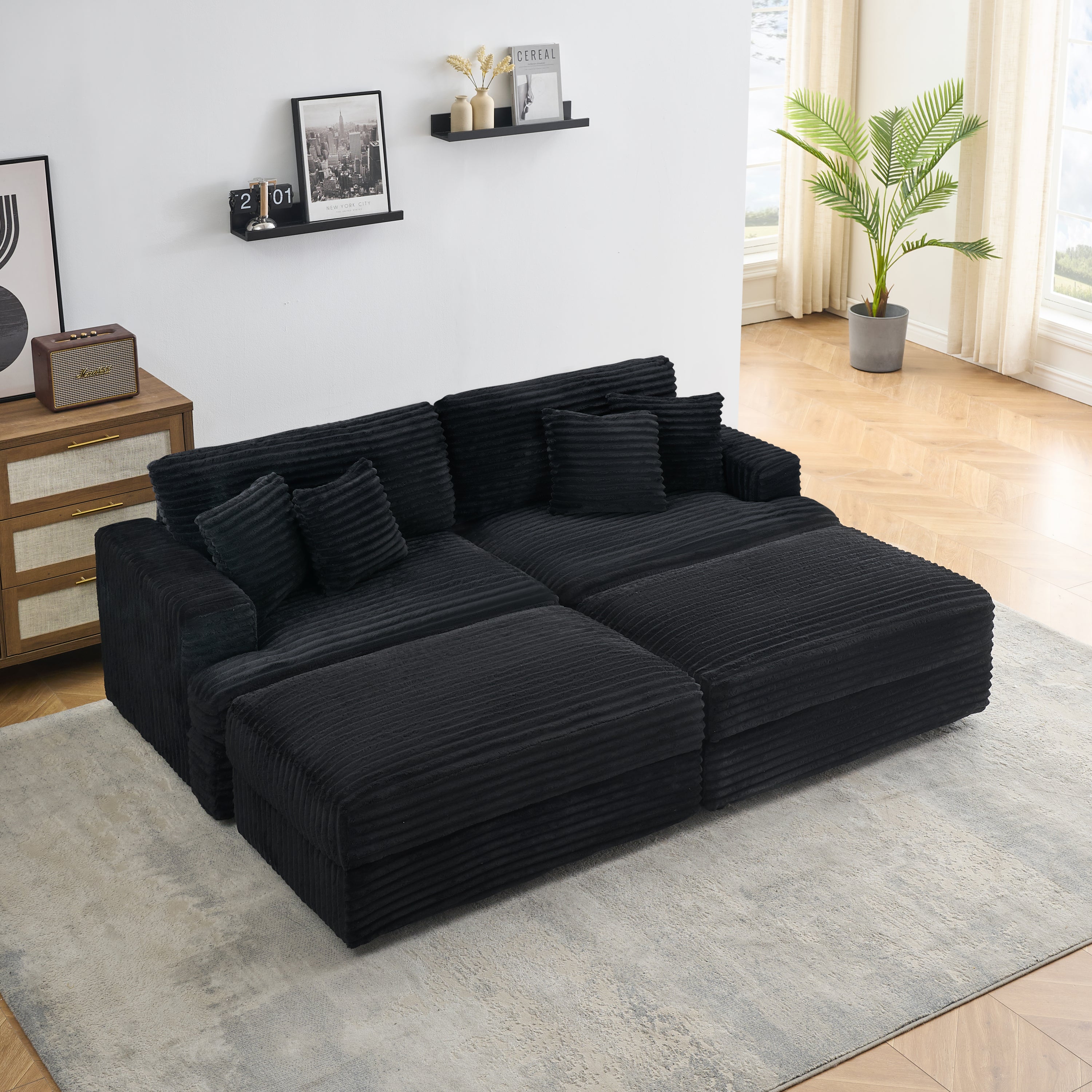 Black Corduroy Sofa: 82" w/ Storage & Pillows