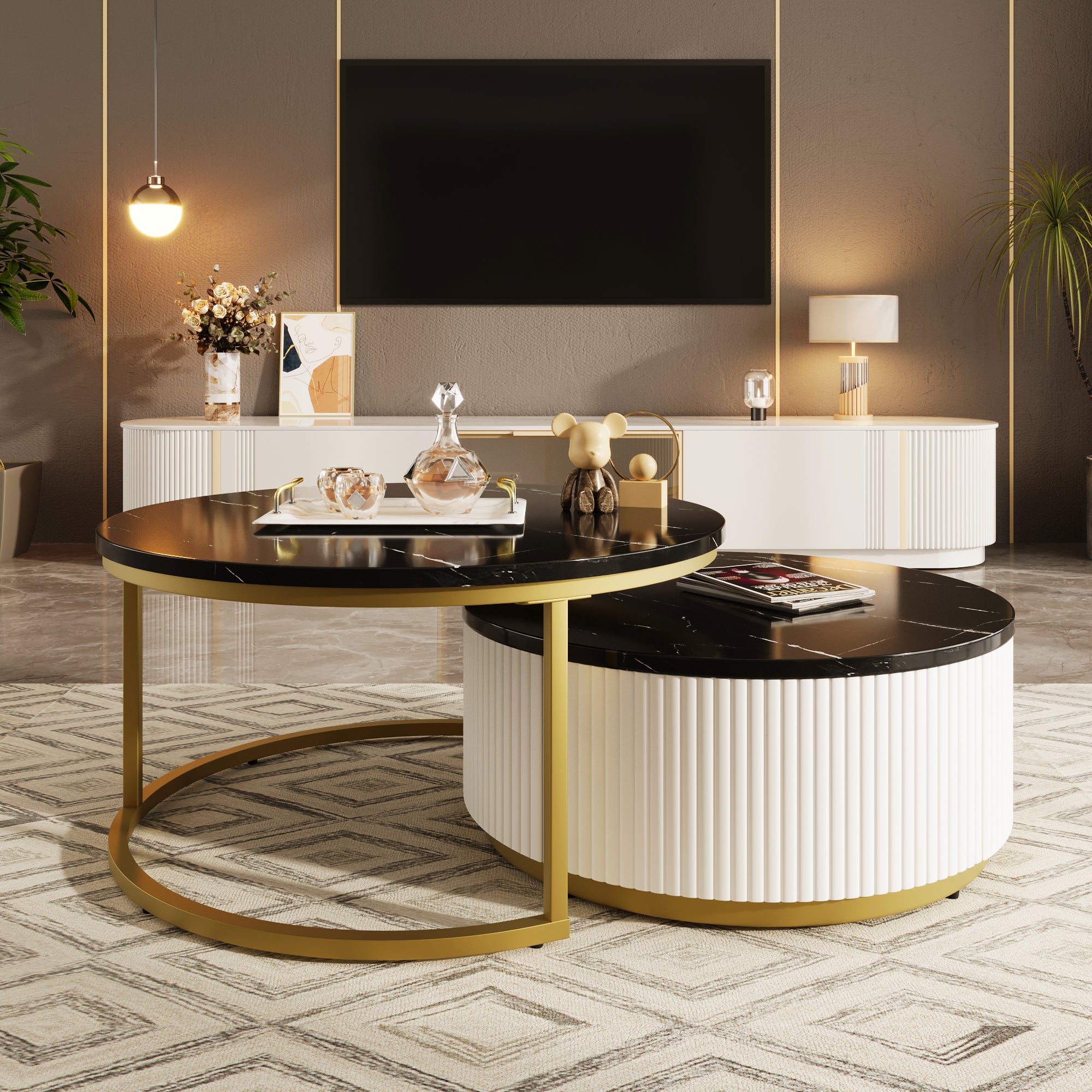 Modern Round Nesting Coffee Table | Black & Gold