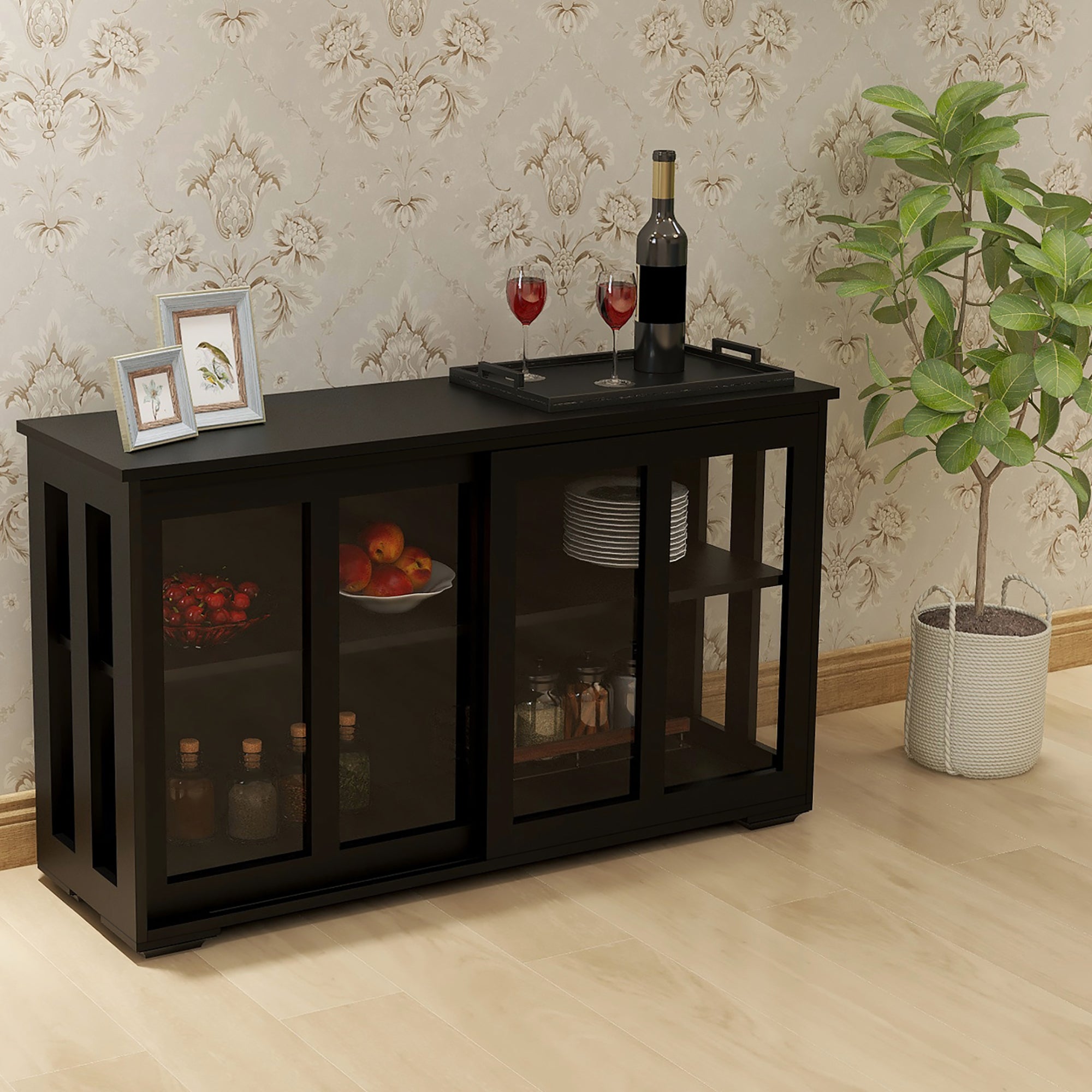 Black Kitchen Cabinet w/ Glass Door Storage