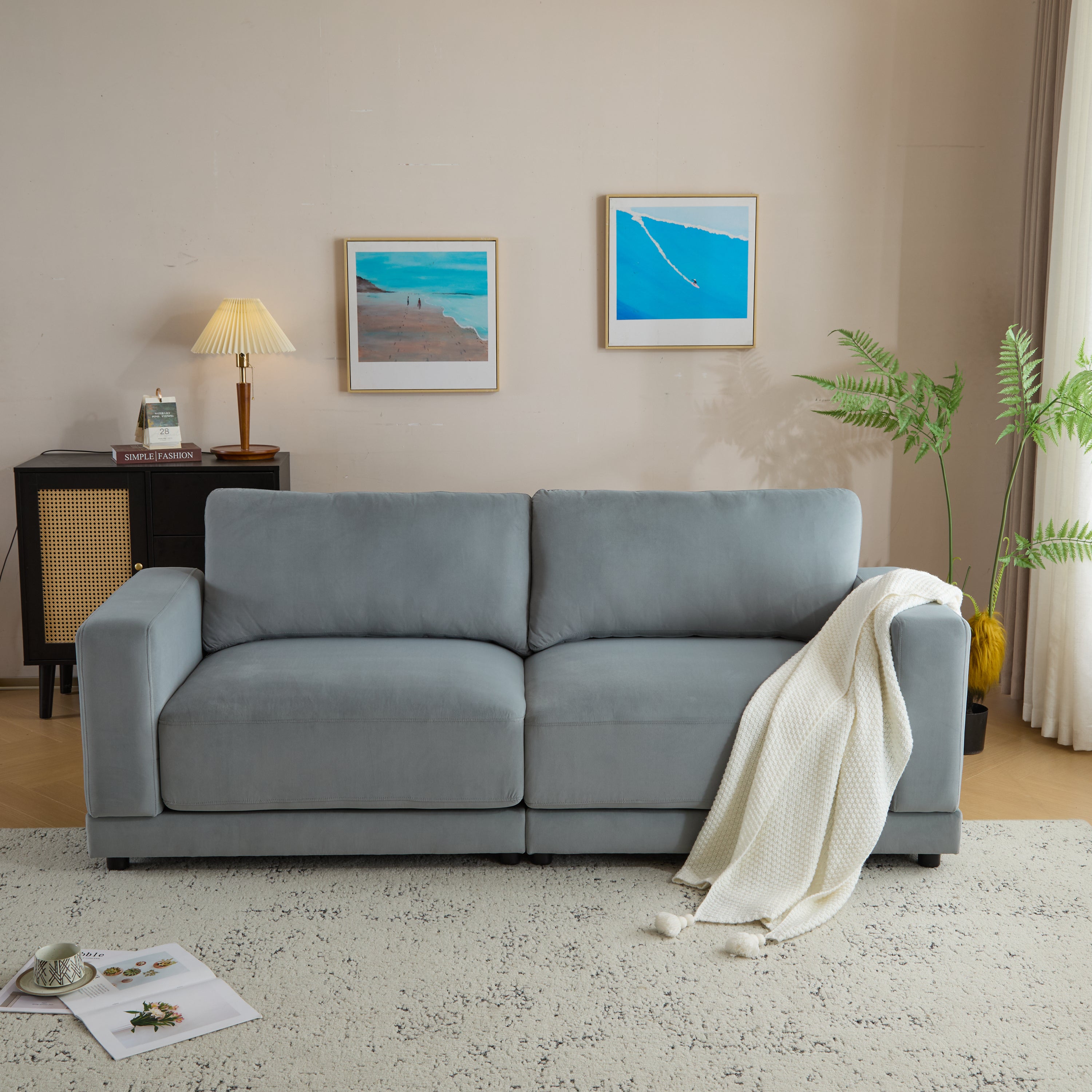 Gray Velvet Sofa: 81'' Modern Square Arm