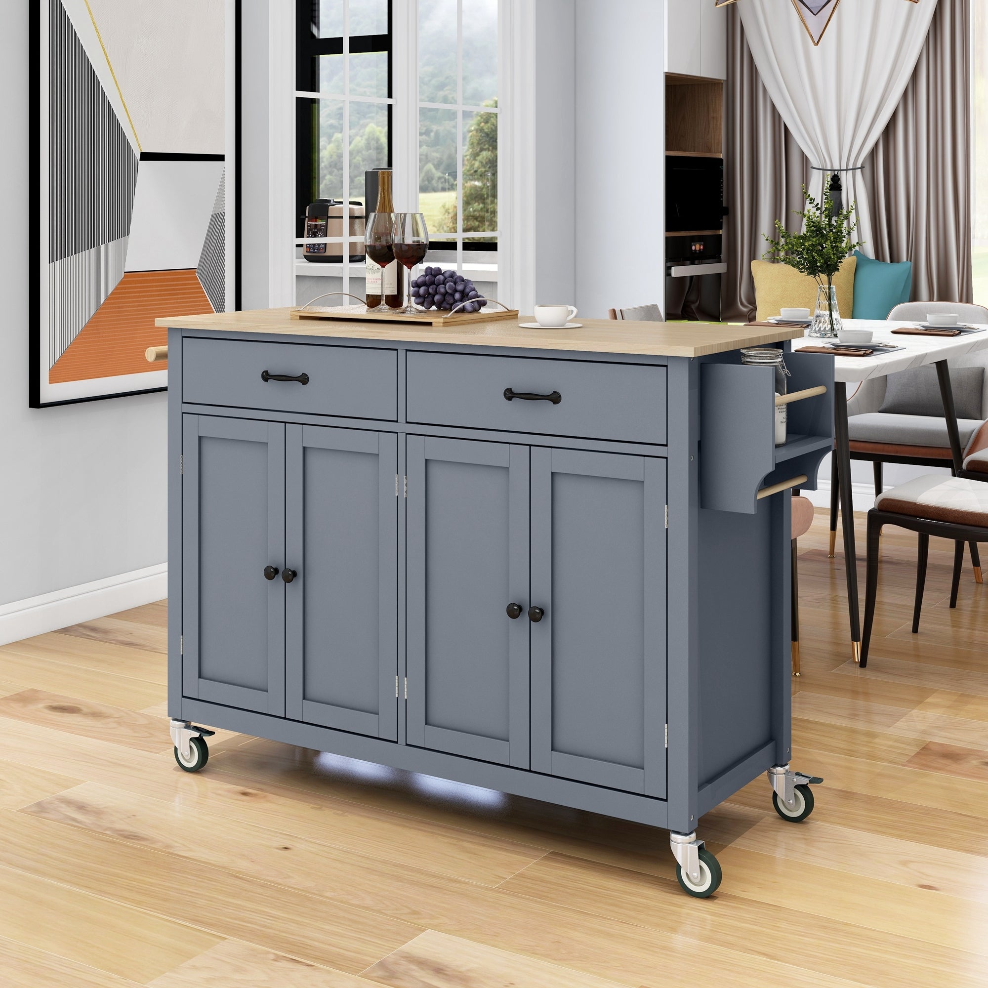 Grey Blue Kitchen Island Cart: Solid Wood Top, Locking Wheels