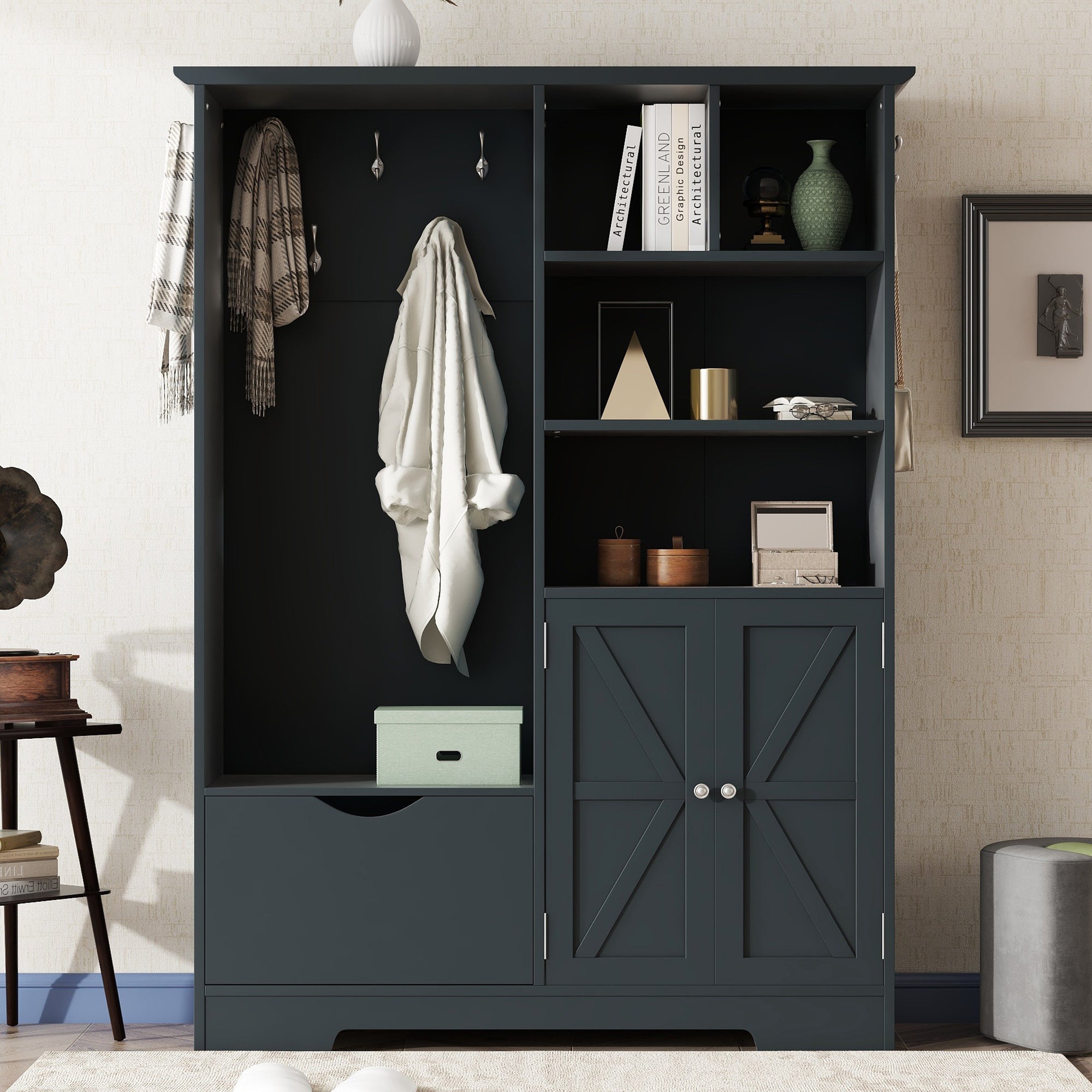 Blue Hall Tree with Storage Bench, Drawers & Cabinet