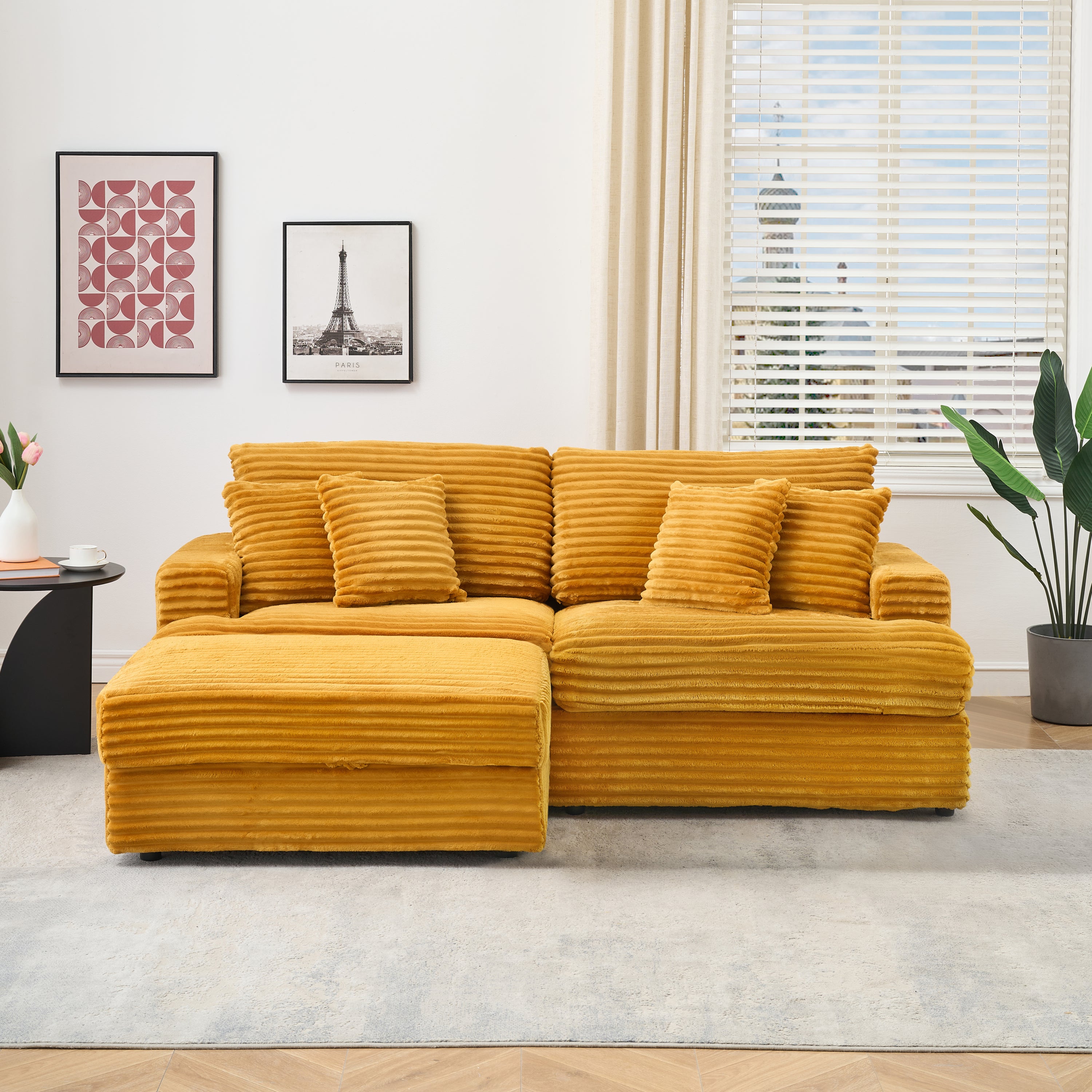 Orange Corduroy Sofa: 82" w/ Storage & Pillows