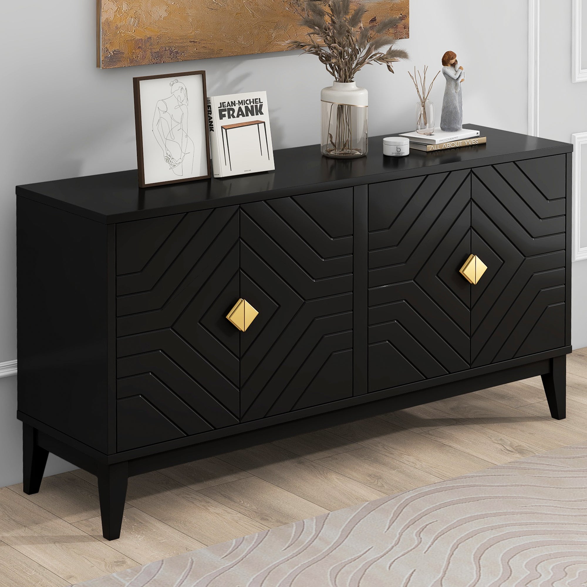 Black 4-Door Sideboard: Gold Handles, Adjustable Shelf