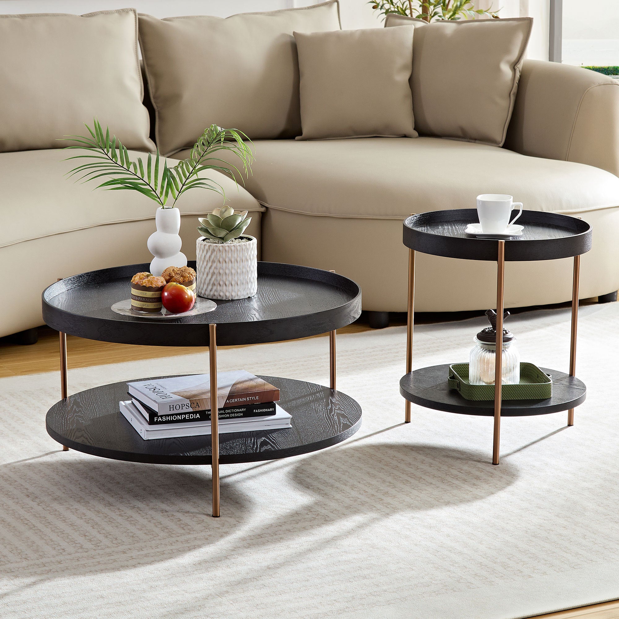 Modern 2-Tier Round Coffee Table Set (Black)