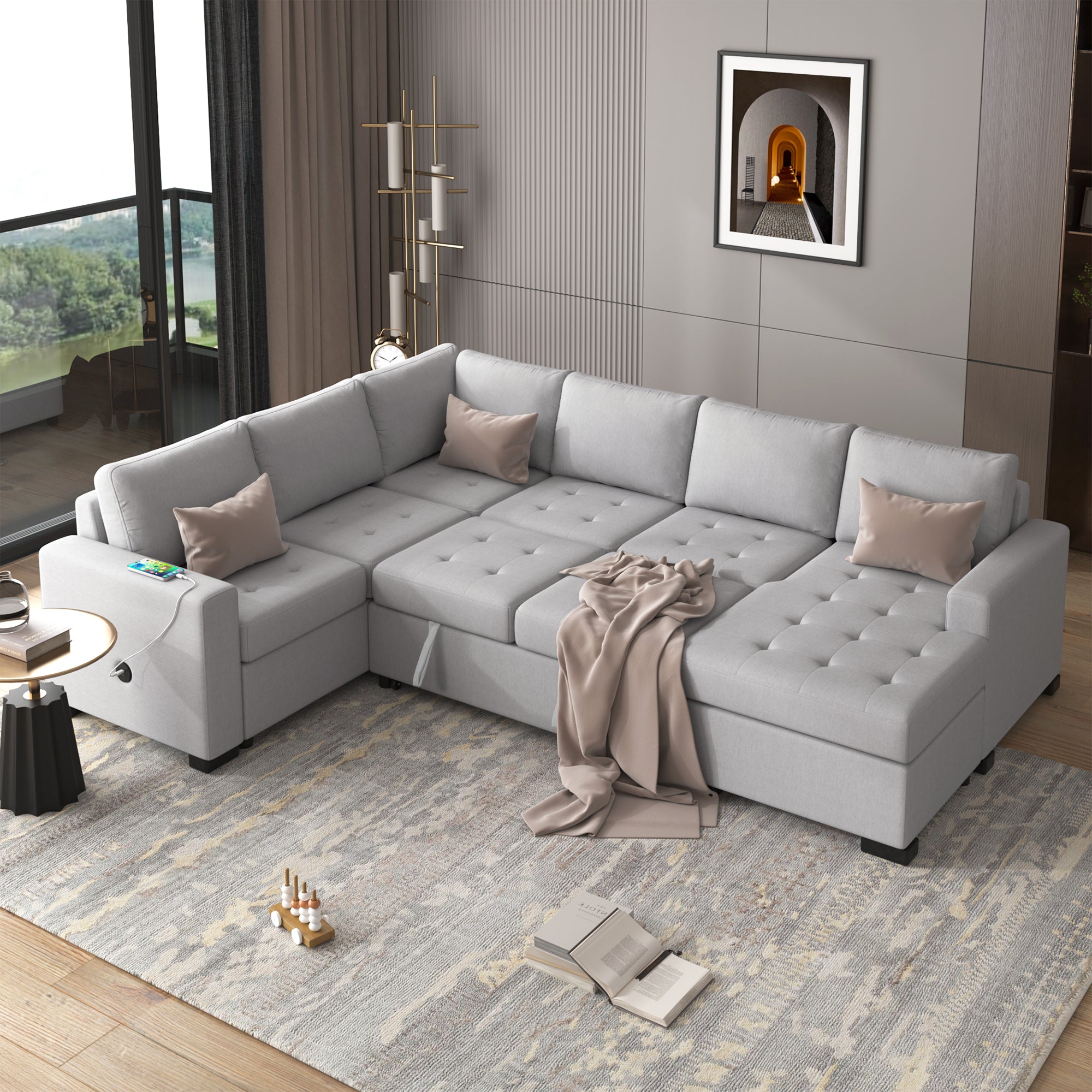 U-Style Sectional Sleeper Sofa w/ Pull-Out Bed & Lounge