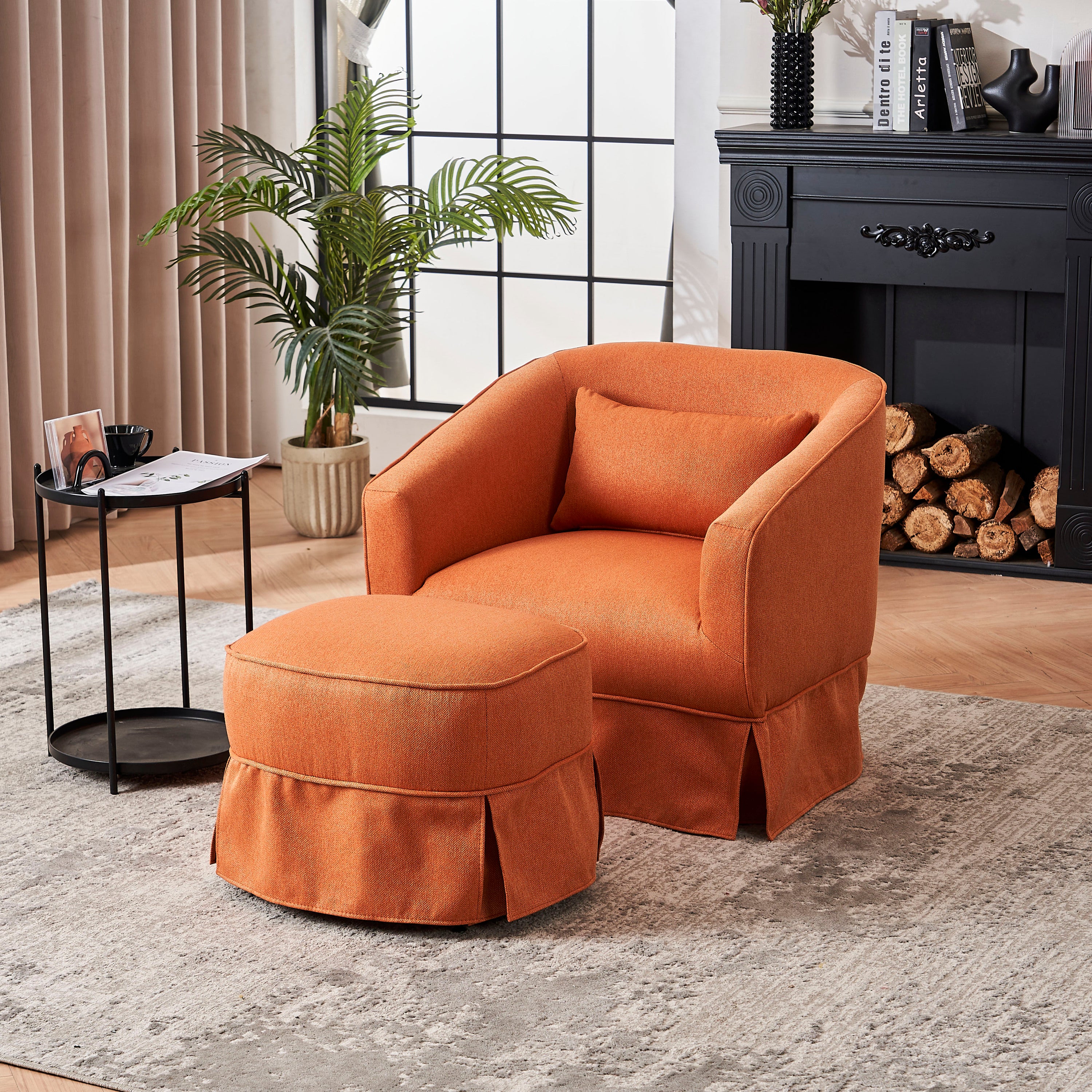 Comfy Swivel Barrel Chair with Ottoman (Orange)