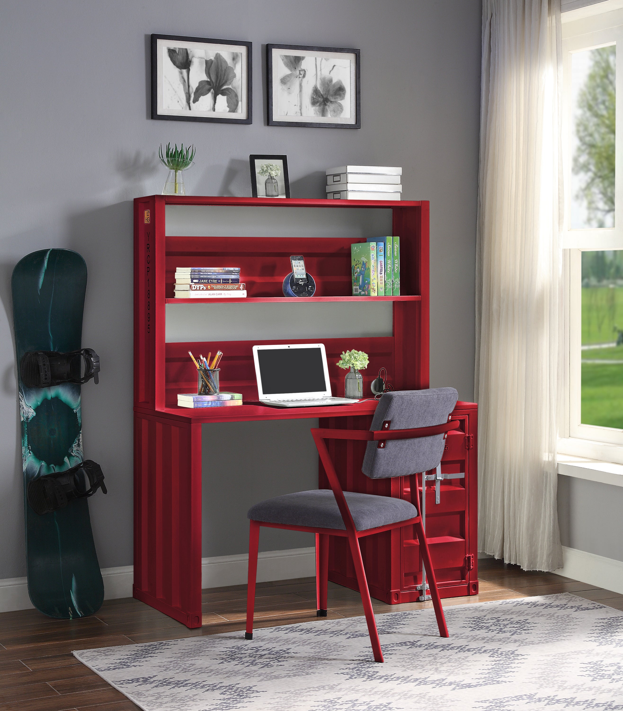 Red 1-Door Writing Desk with Hutch | Stylish Home Office Desk