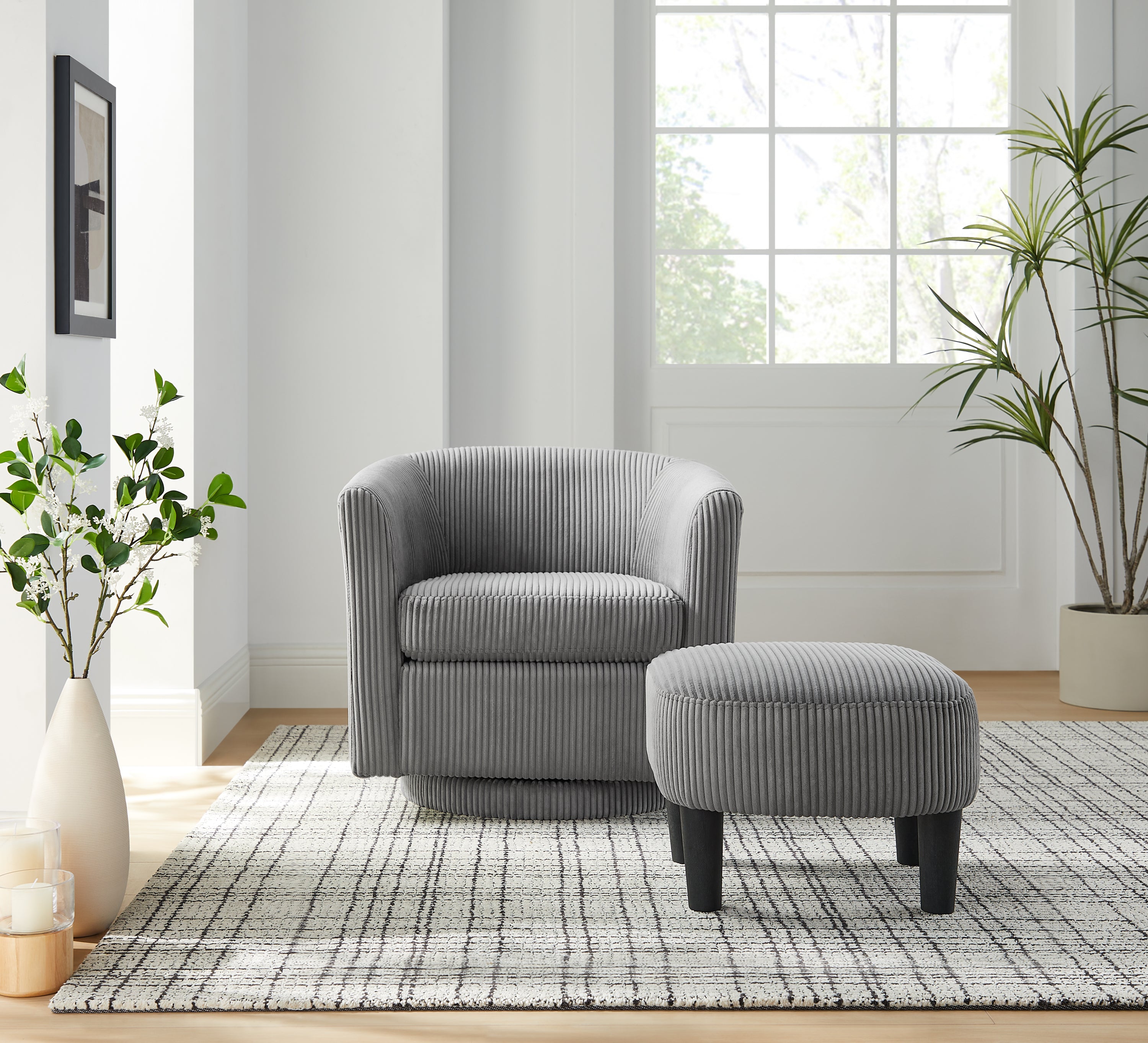 Swivel Accent Chair w/ Ottoman, Corduroy Recliner, Gray