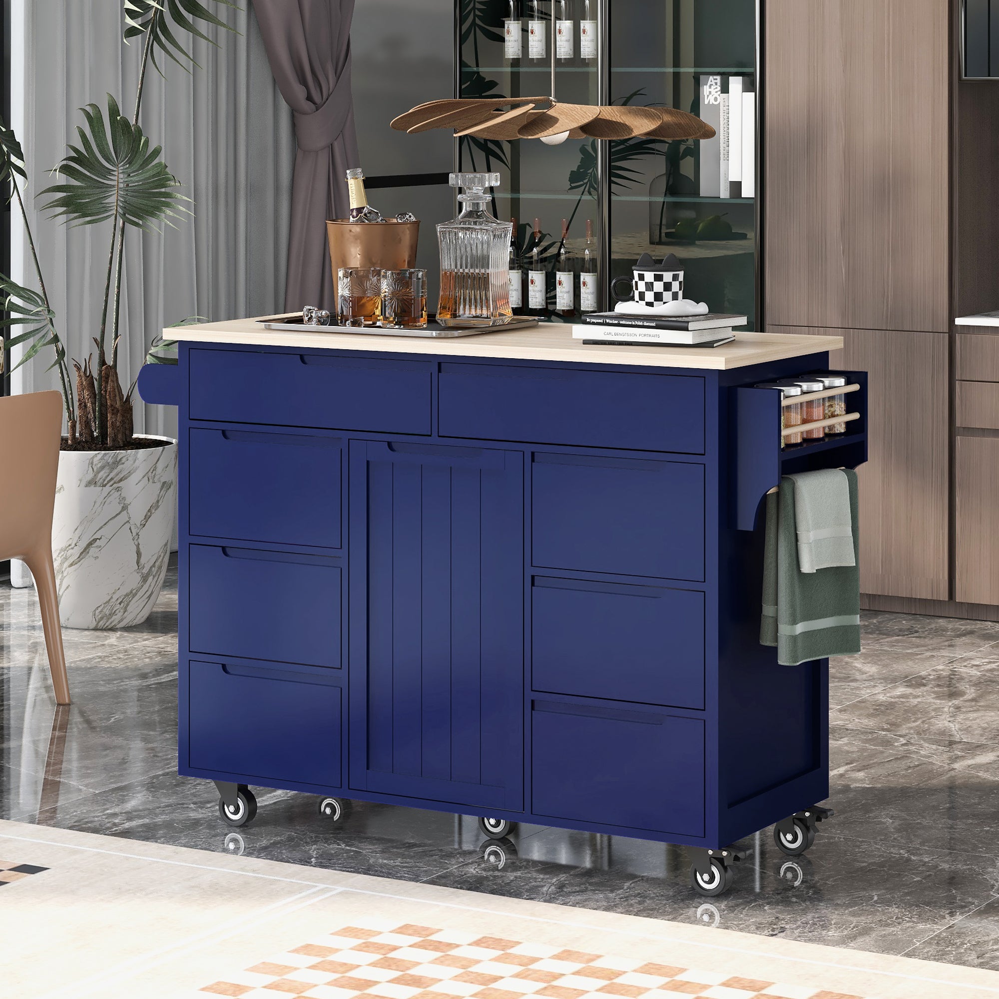 K&K Kitchen Cart: 8 Drawers, Rubber Wood Top