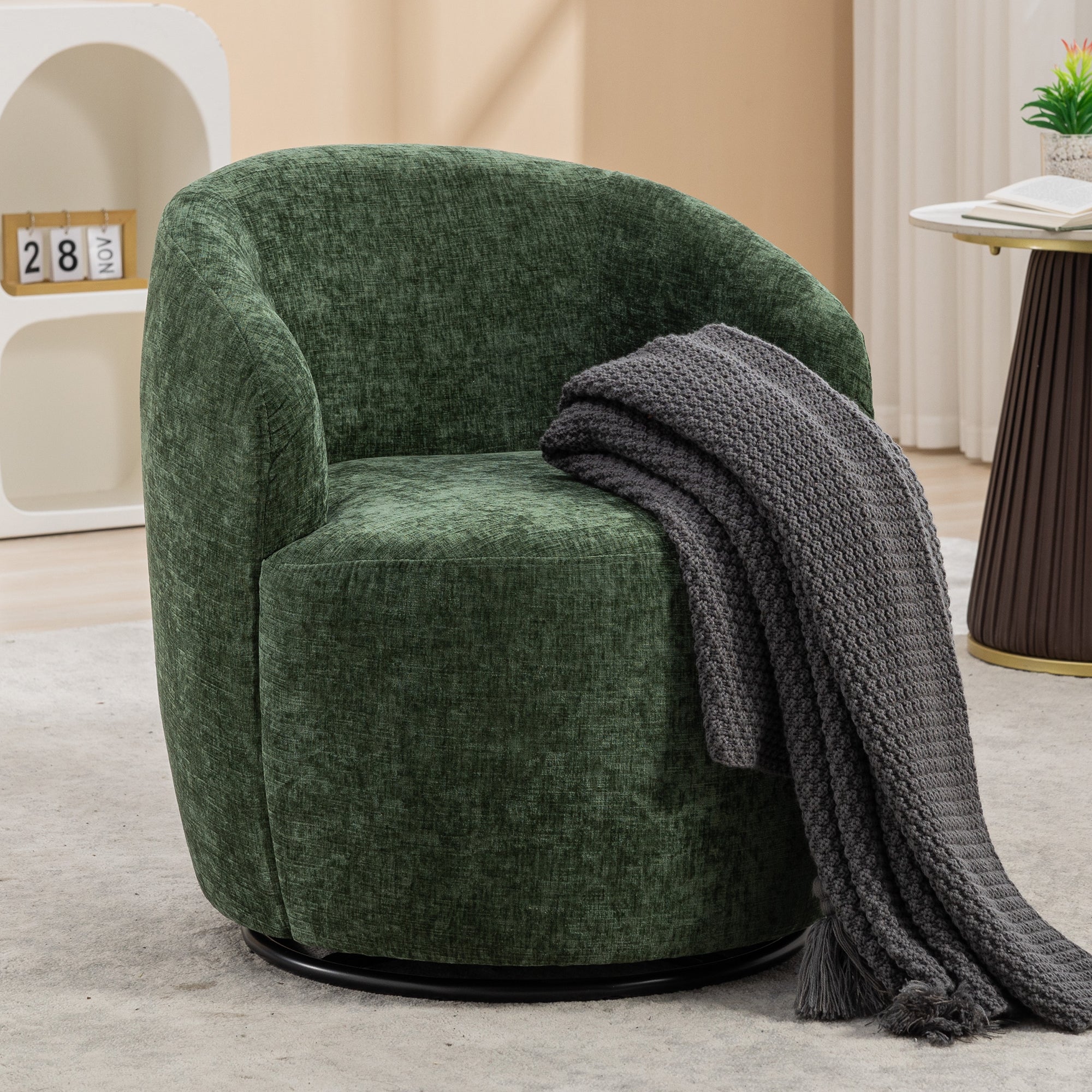 Green Chenille Swivel Accent Chair with Metal Ring