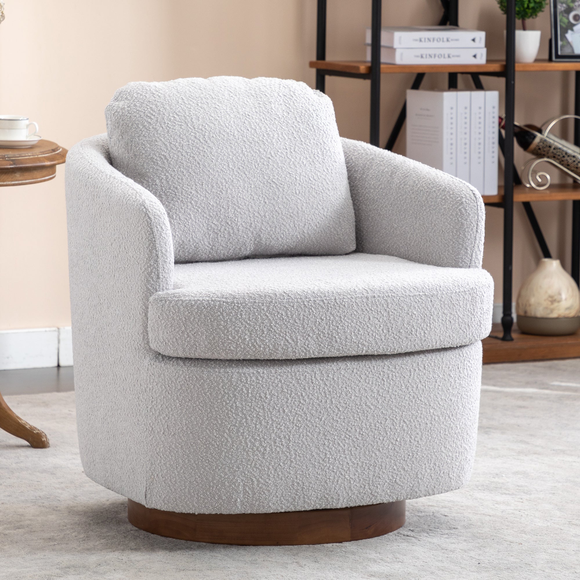 Boucle Swivel Accent Chair, Light Gray, Wood Base