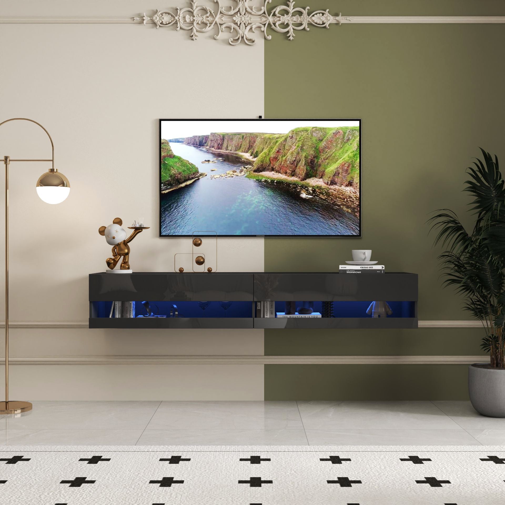 80" Floating TV Stand w/ LED Lights & Charging Station