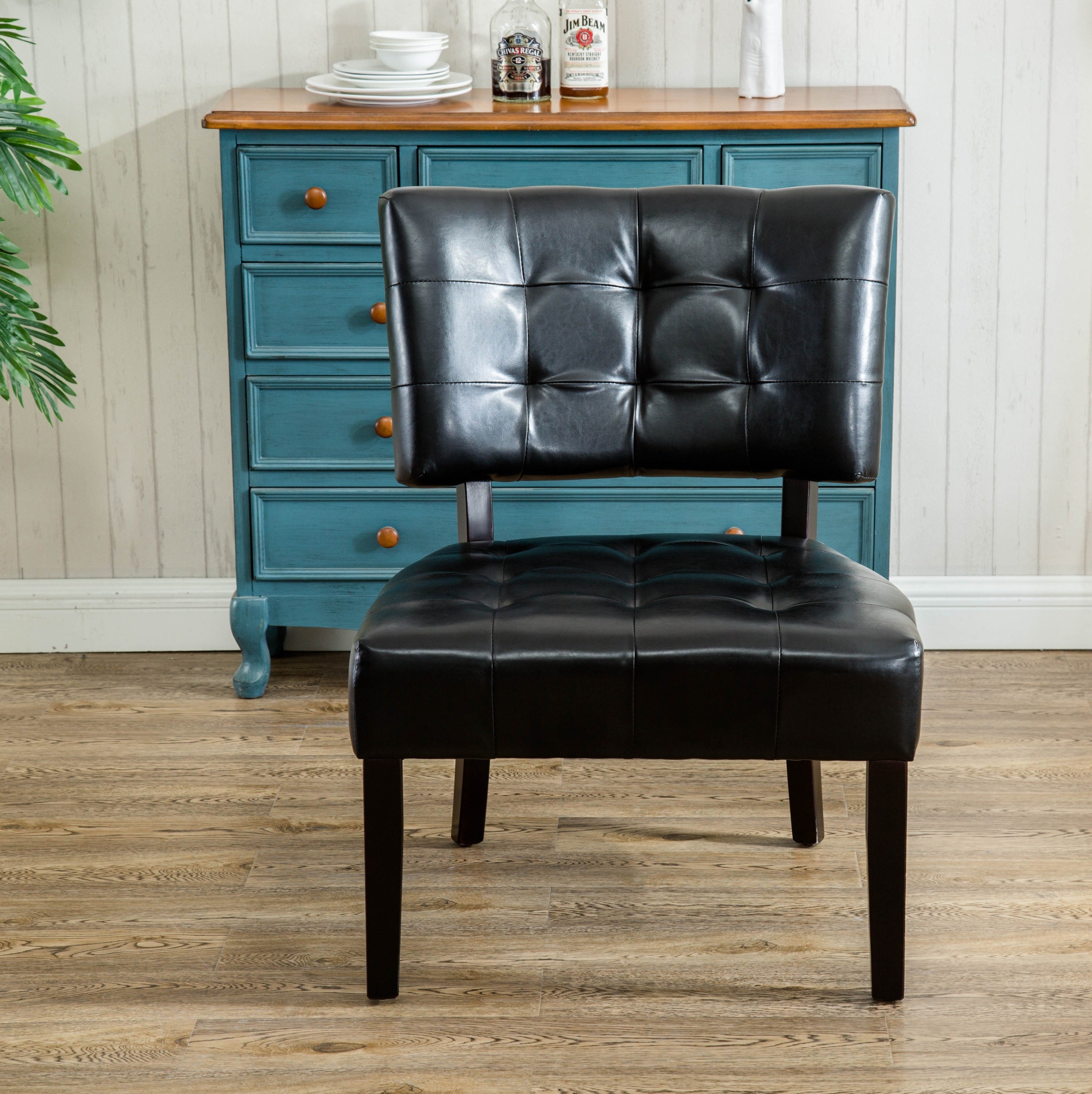 Black Faux Leather Tufted Accent Chair