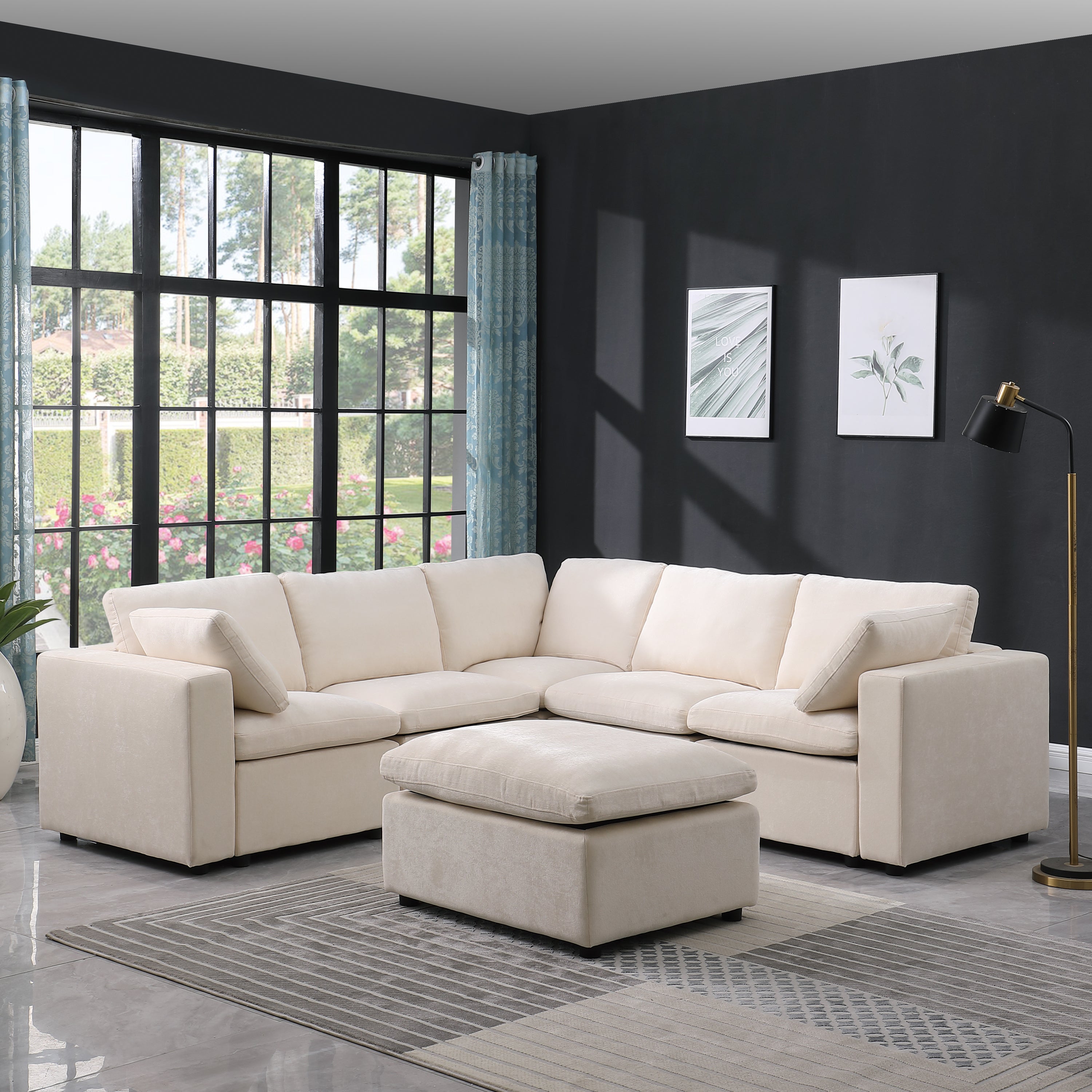 Beige Modular Sectional Sofa: 6-Seat L-Shape Couch