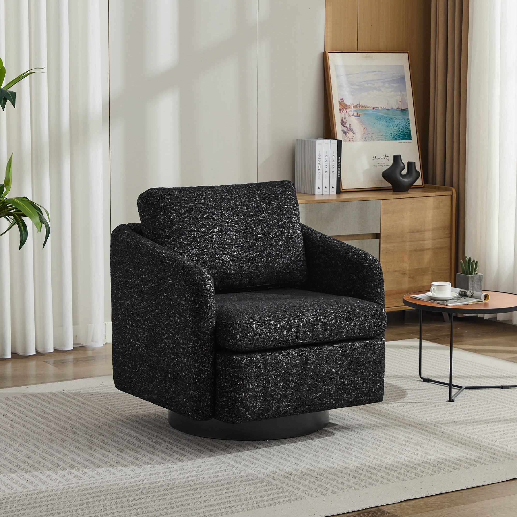 Swivel Accent Chair, 360° Round Club Chair, Chenille, Black/Gray