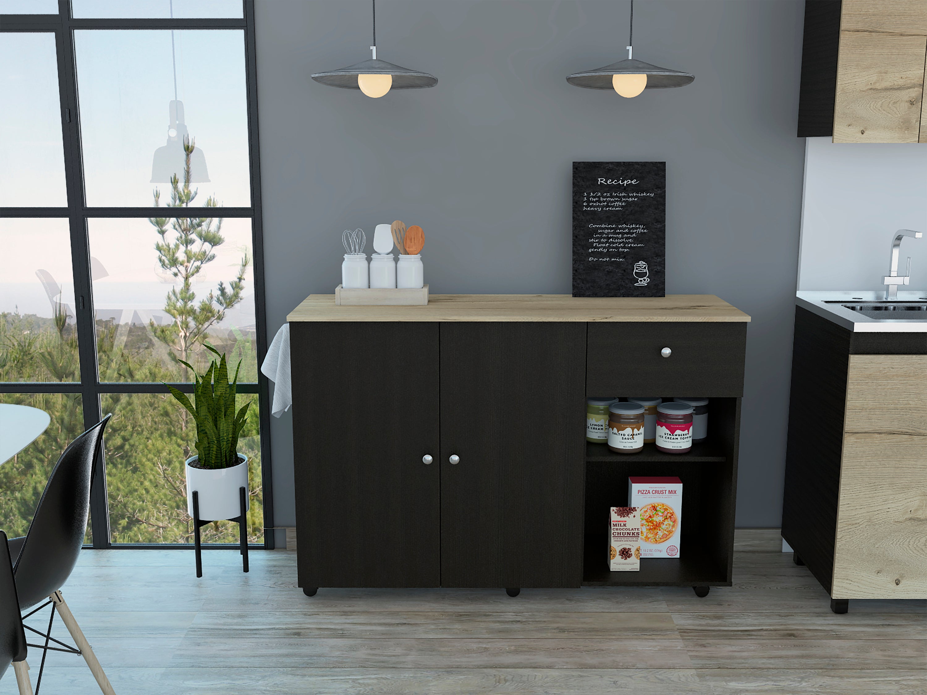 Sayville Black Kitchen Island: 2 Drawers, 2 Shelves