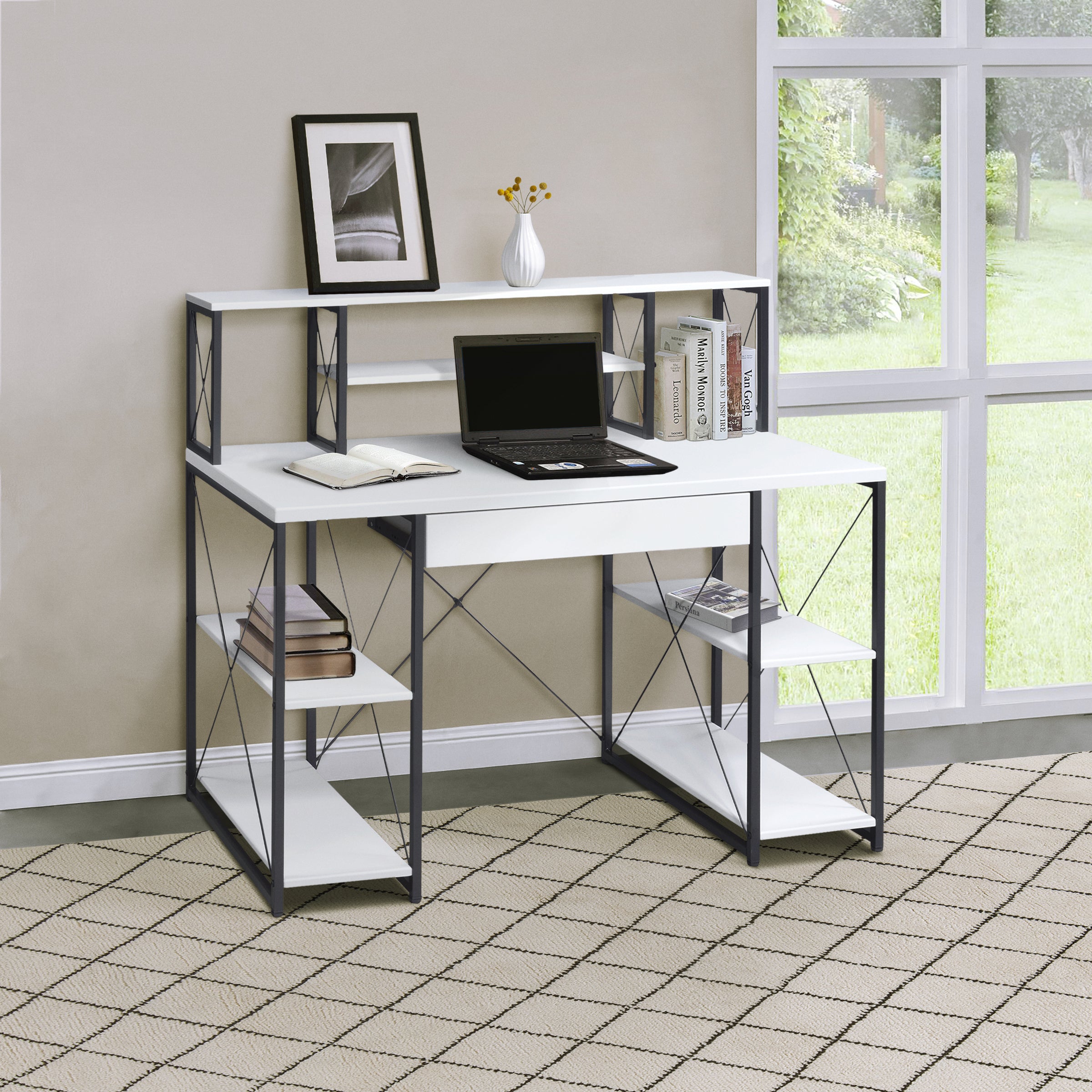 White & Black Office Desk w/ Hutch & Shelves