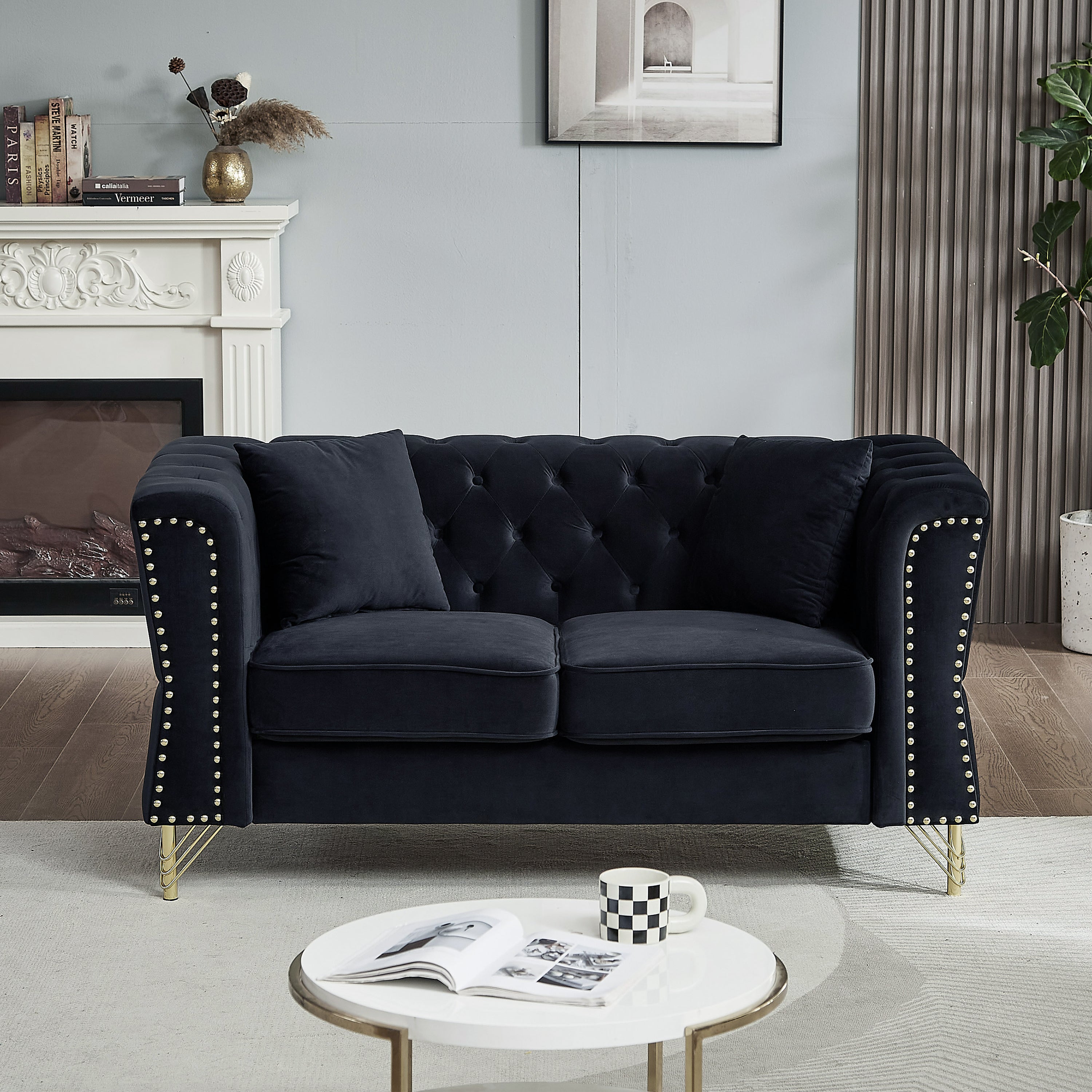 Beige Velvet Chesterfield Sofa: 60.2" 2-Seater