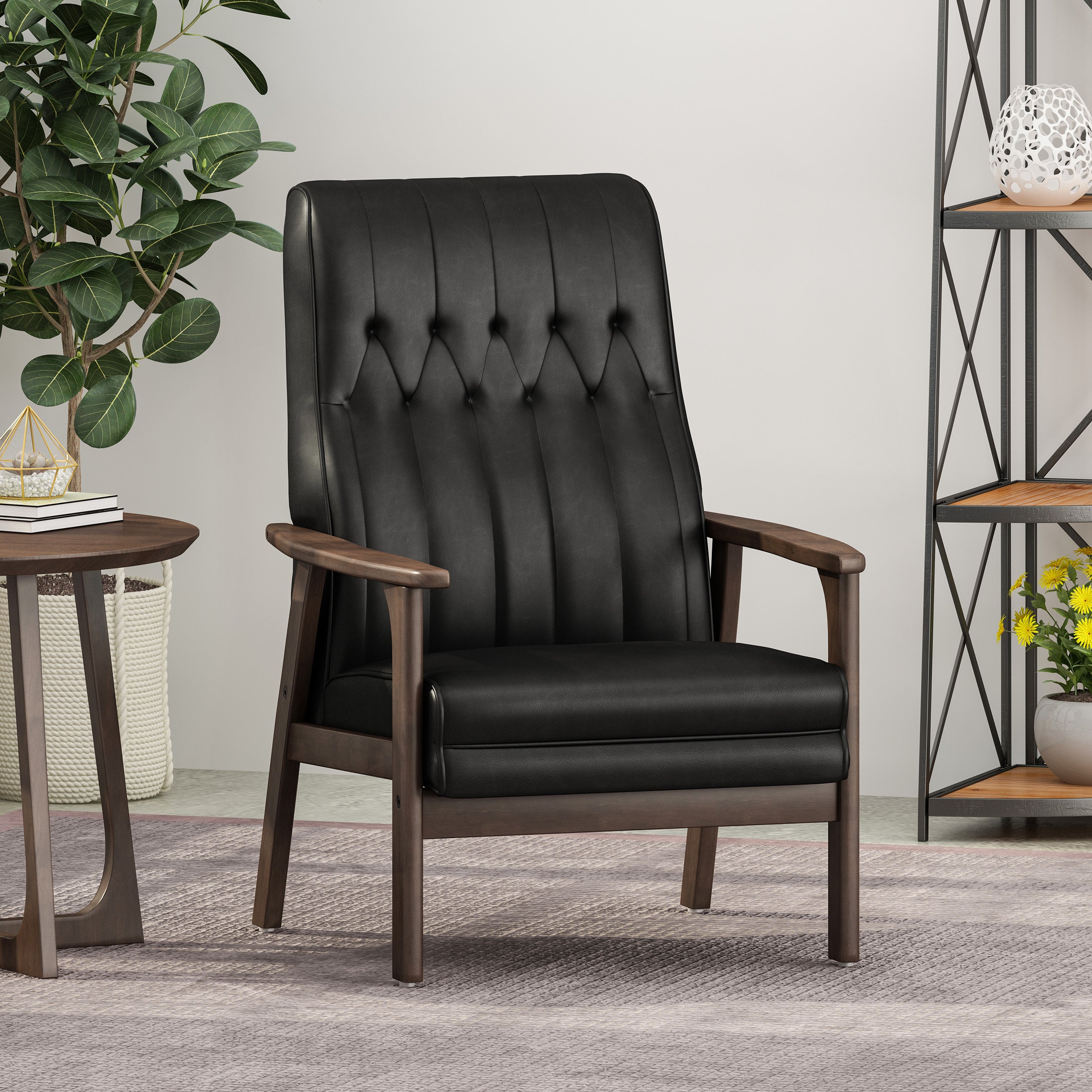 Mid Century Modern Chair: Black Faux Leather