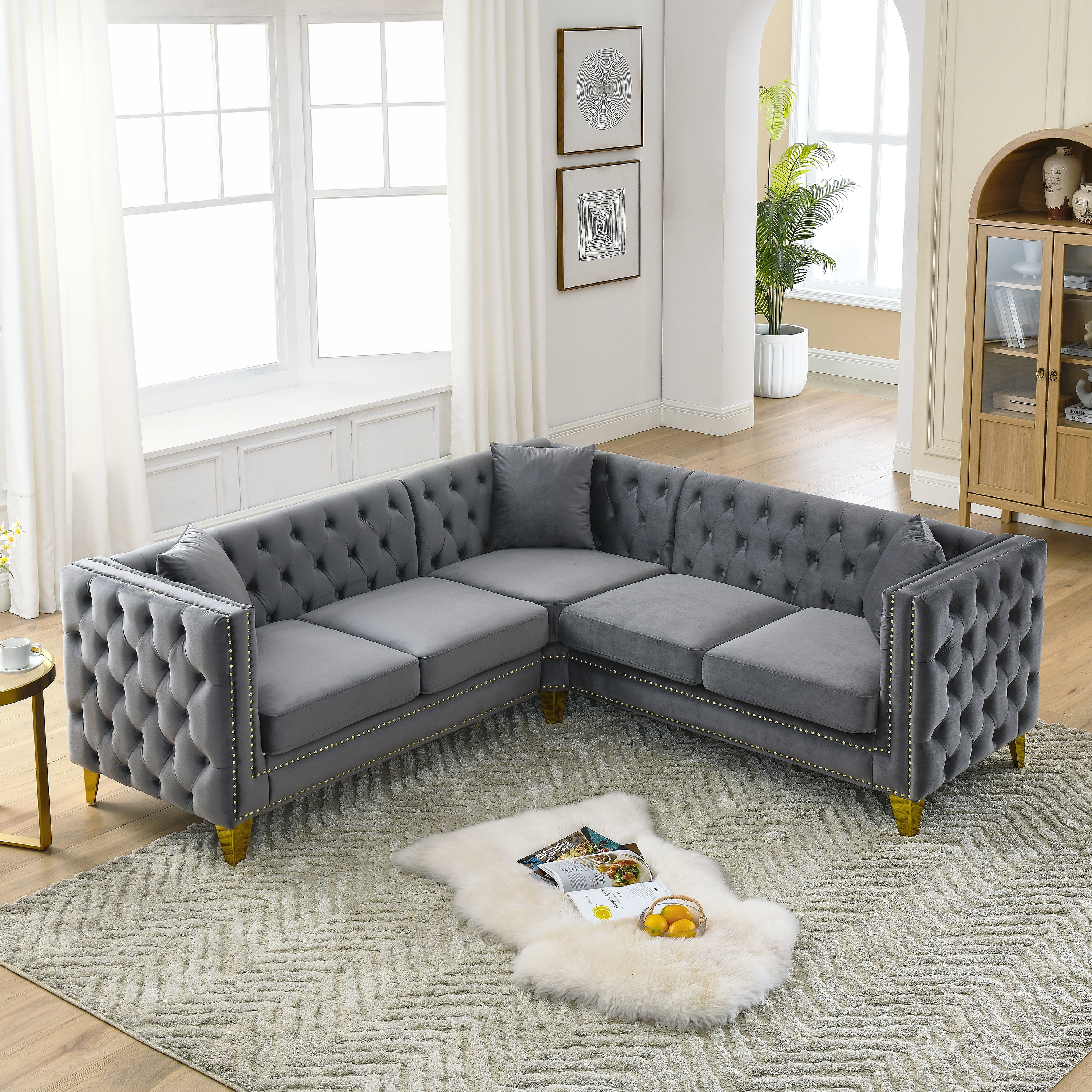 82" Velvet Corner Sofa, L-Shaped Sectional, 5-Seater