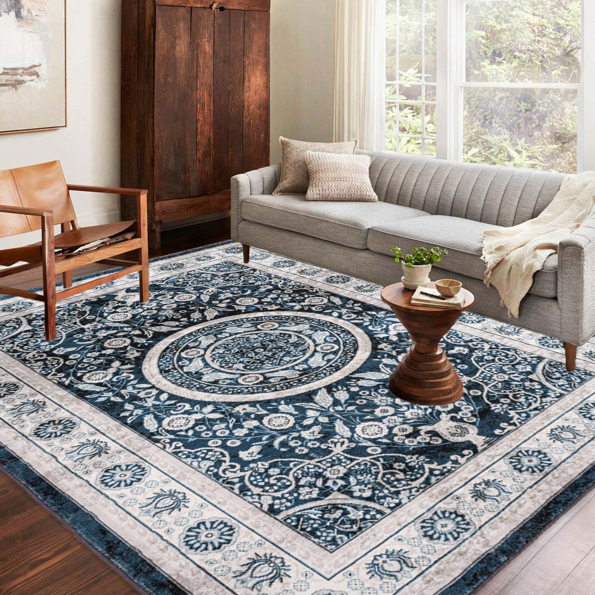 8x10 Bohemian Persian Rug: Navy Blue Flower