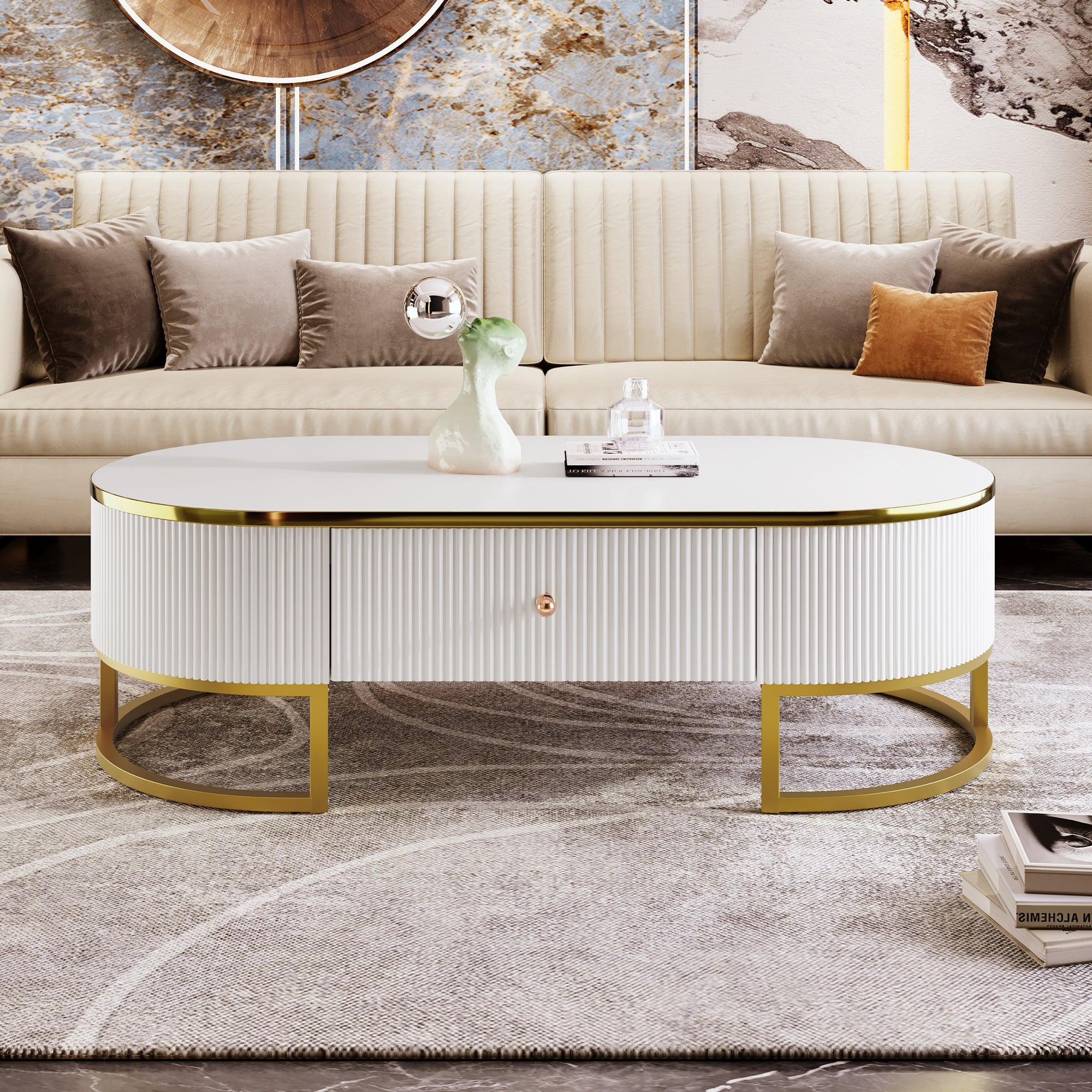 Modern Oval Coffee Table w/ Drawers & Gold Legs