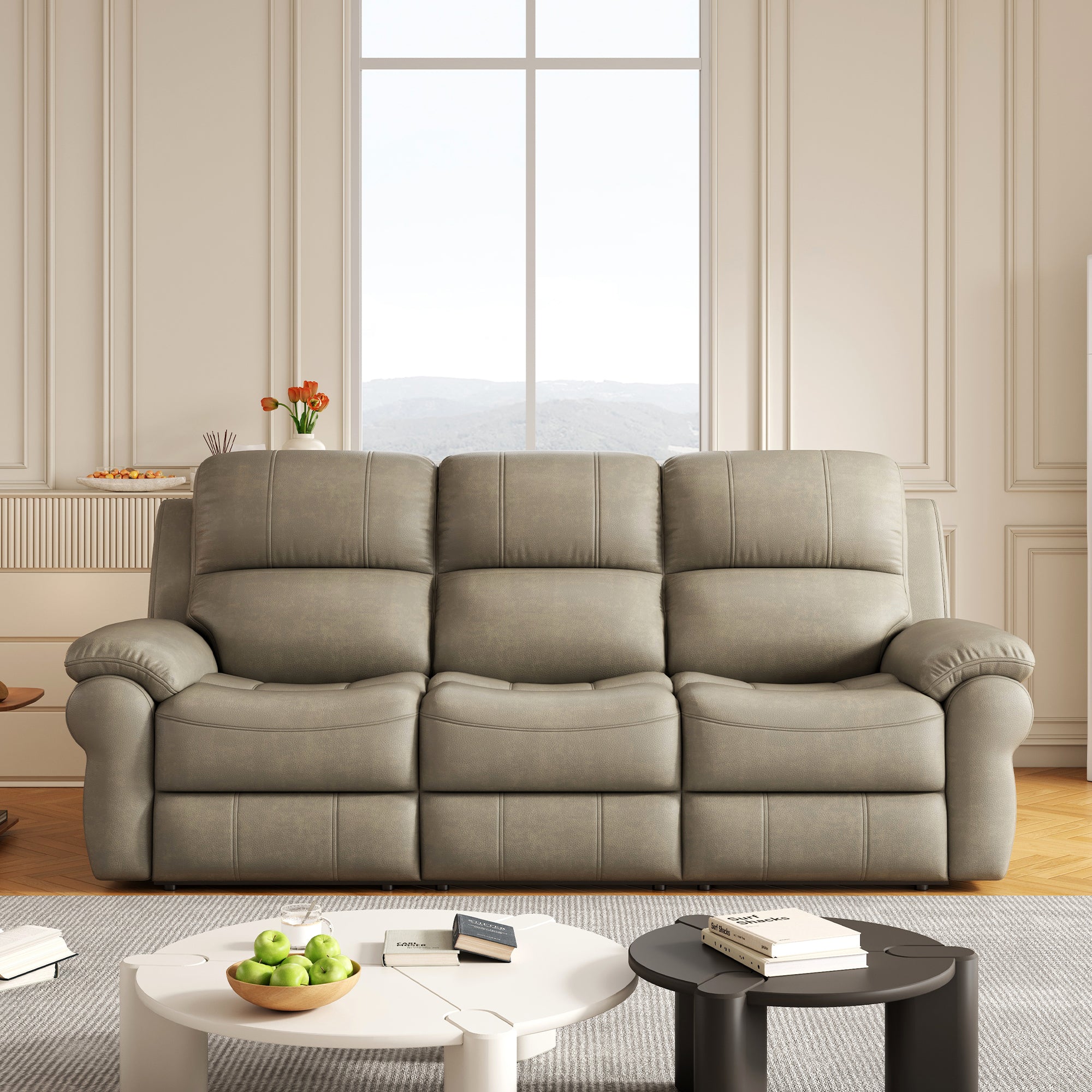 Khaki Power Recliner Sofa: Breathable Fabric, USB, Wireless Charge