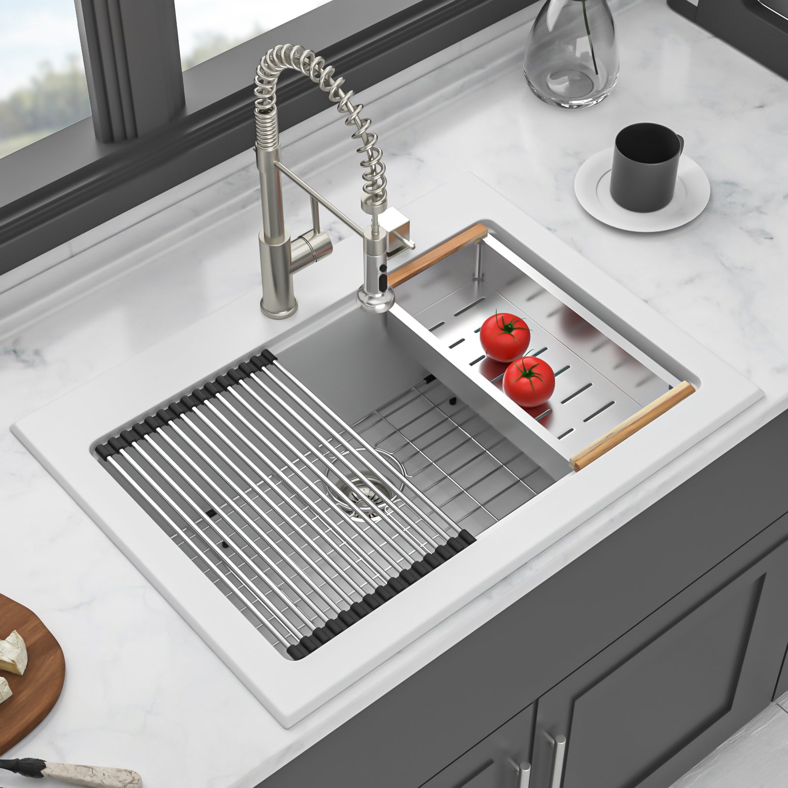 Quartz Kitchen Sink: 30x22" White Granite Composite
